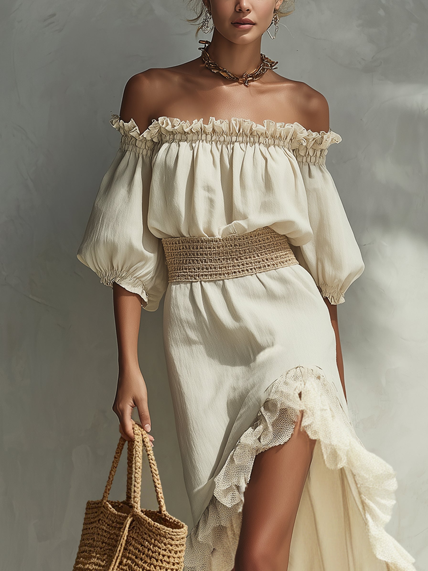 Light Beige Off Shoulder Linen Midi Dress