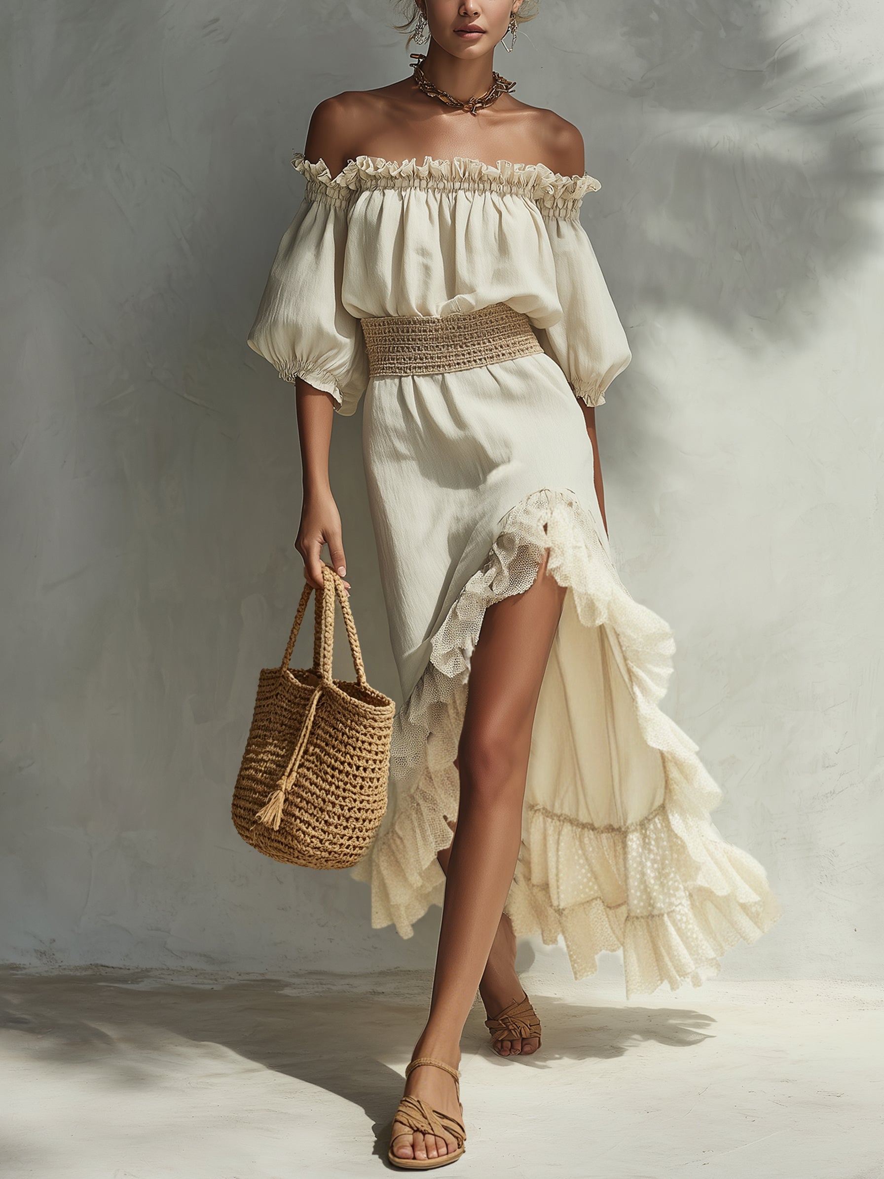 Light Beige Off Shoulder Linen Midi Dress