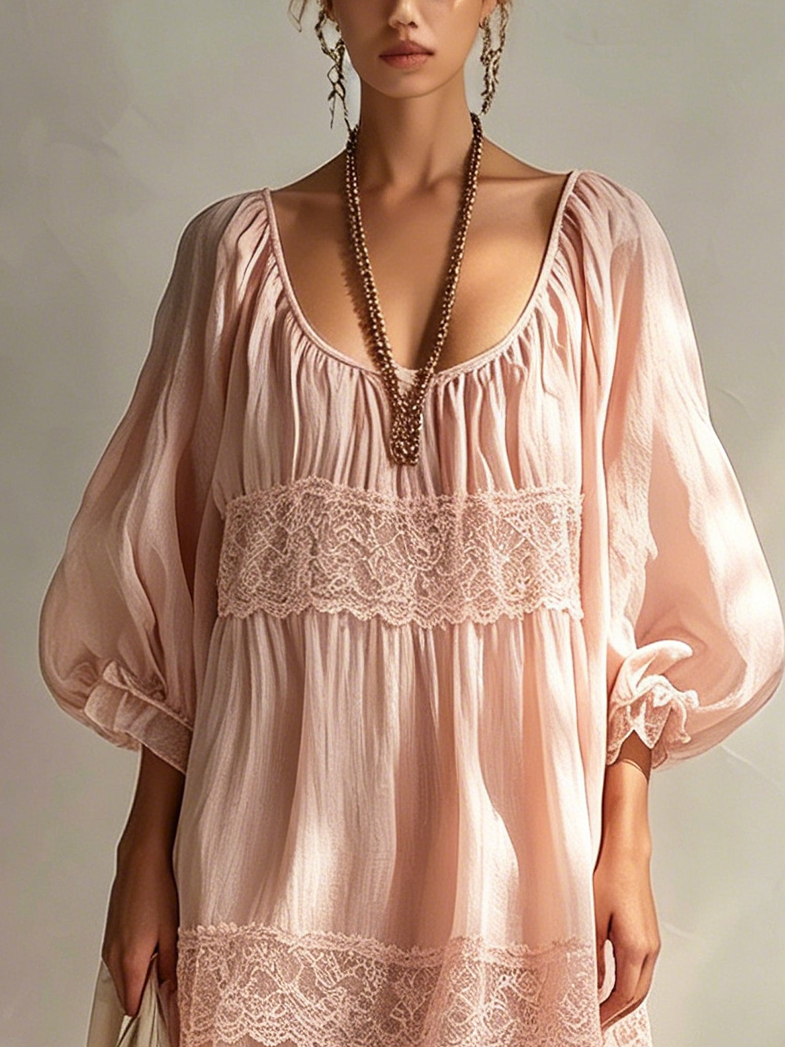 Blush Pink Lace And Linen Blend Mini Dress