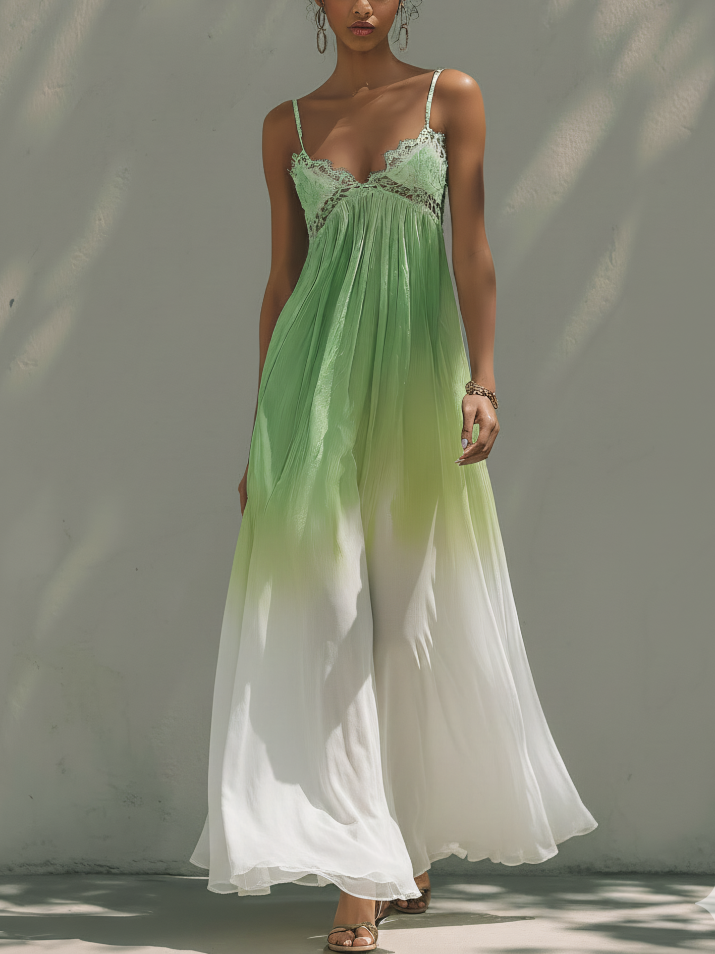 Gradient Green Chiffon Maxi Dress With Lace Trim