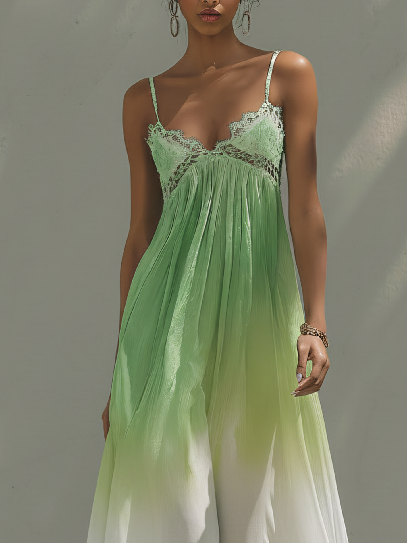 Gradient Green Chiffon Maxi Dress With Lace Trim