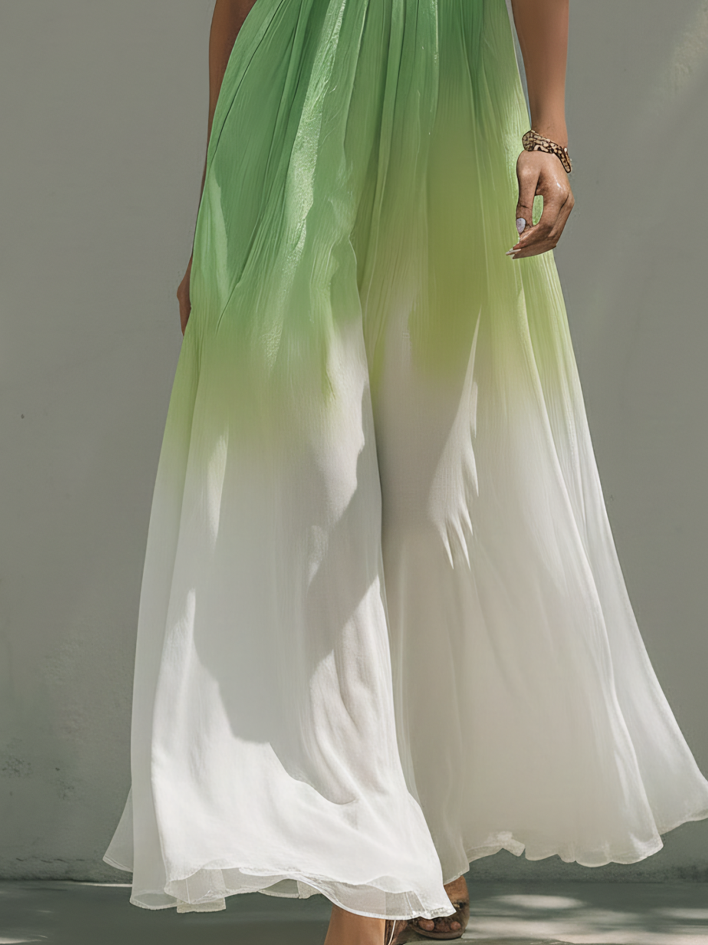 Gradient Green Chiffon Maxi Dress With Lace Trim