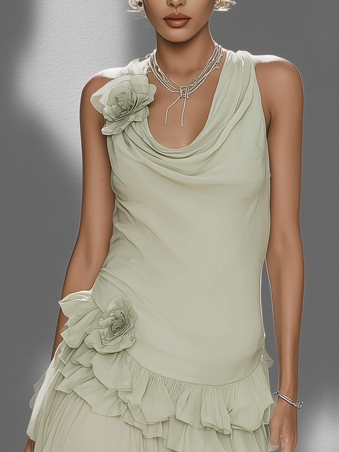 Light Green Patchwork 3D Floral Ruffled Mini Dress