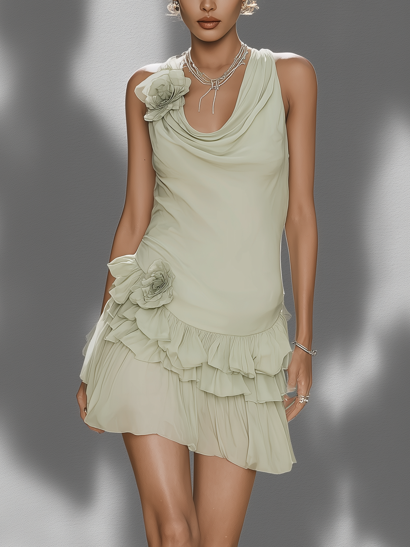 Light Green Patchwork 3D Floral Ruffled Mini Dress