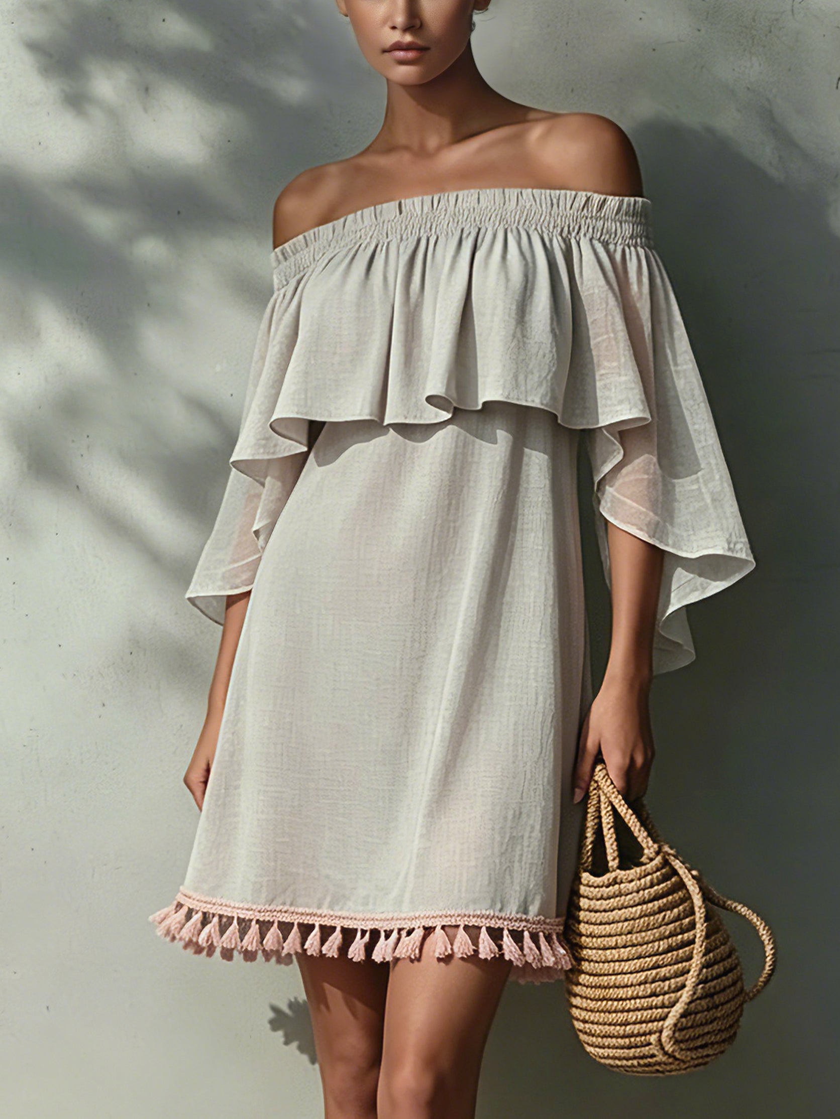 Light Gray  Linen Mini Dress With Pink Tassels