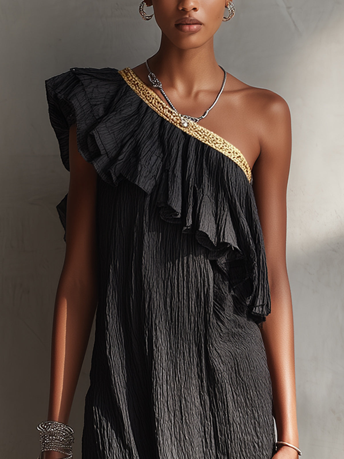 Black One-Shoulder Ruffled Maxi Dress With Fringe Hem