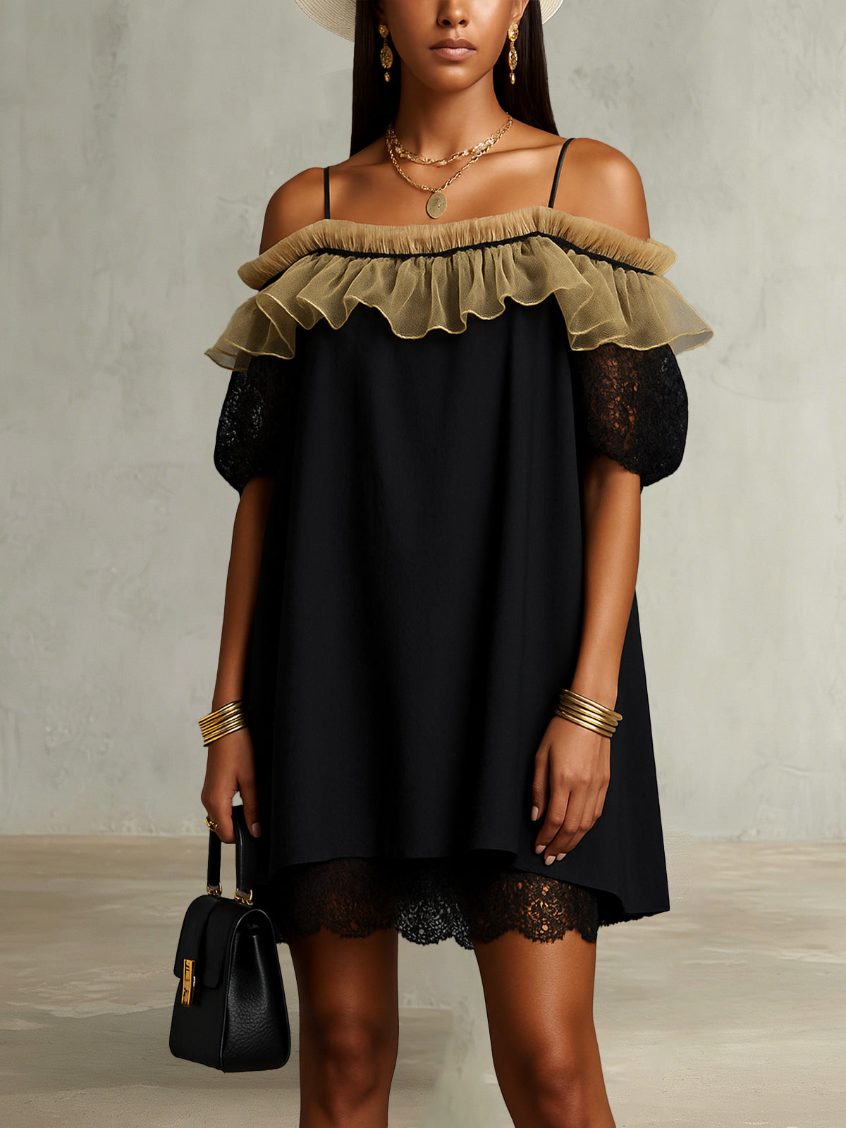 Black Off-Shoulder Mini Dress With Sheer Ruffle Detail And Lace Trim