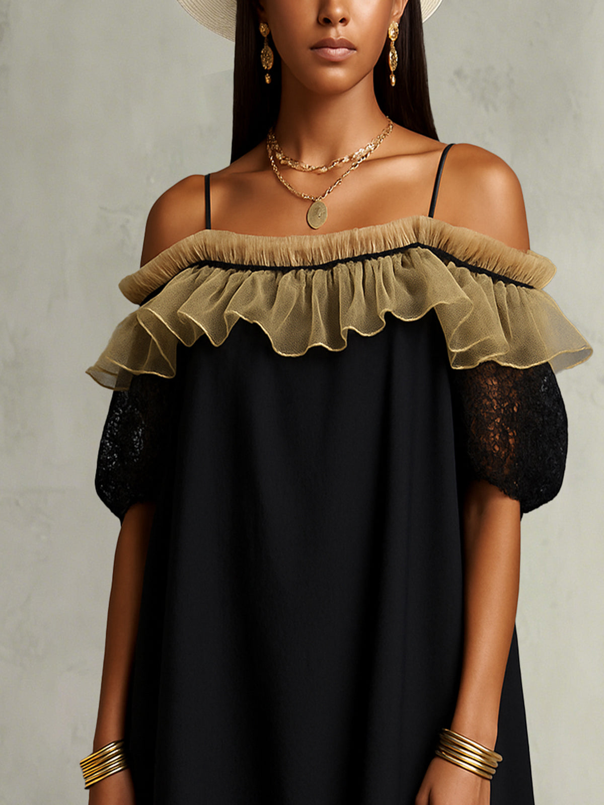 Black Off-Shoulder Mini Dress With Sheer Ruffle Detail And Lace Trim