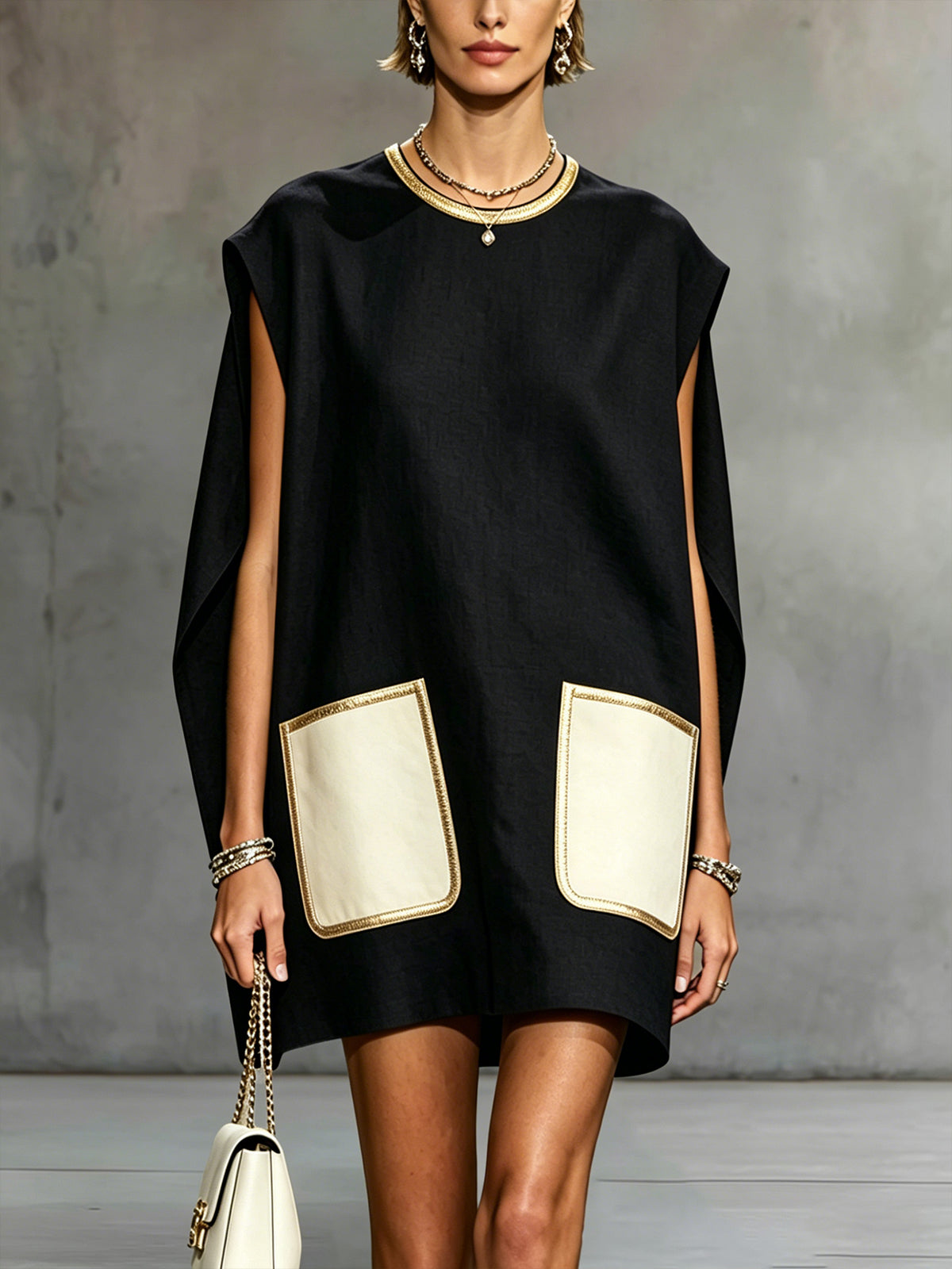 Navy Sleeveless Mini Dress With Contrast Patch Pockets