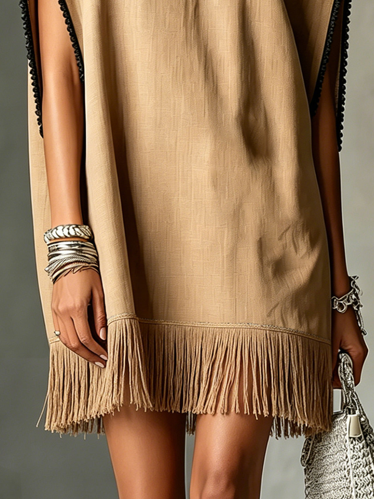 Camel One-Shoulder Fringe Hem Mini Dress With Contrast Trim