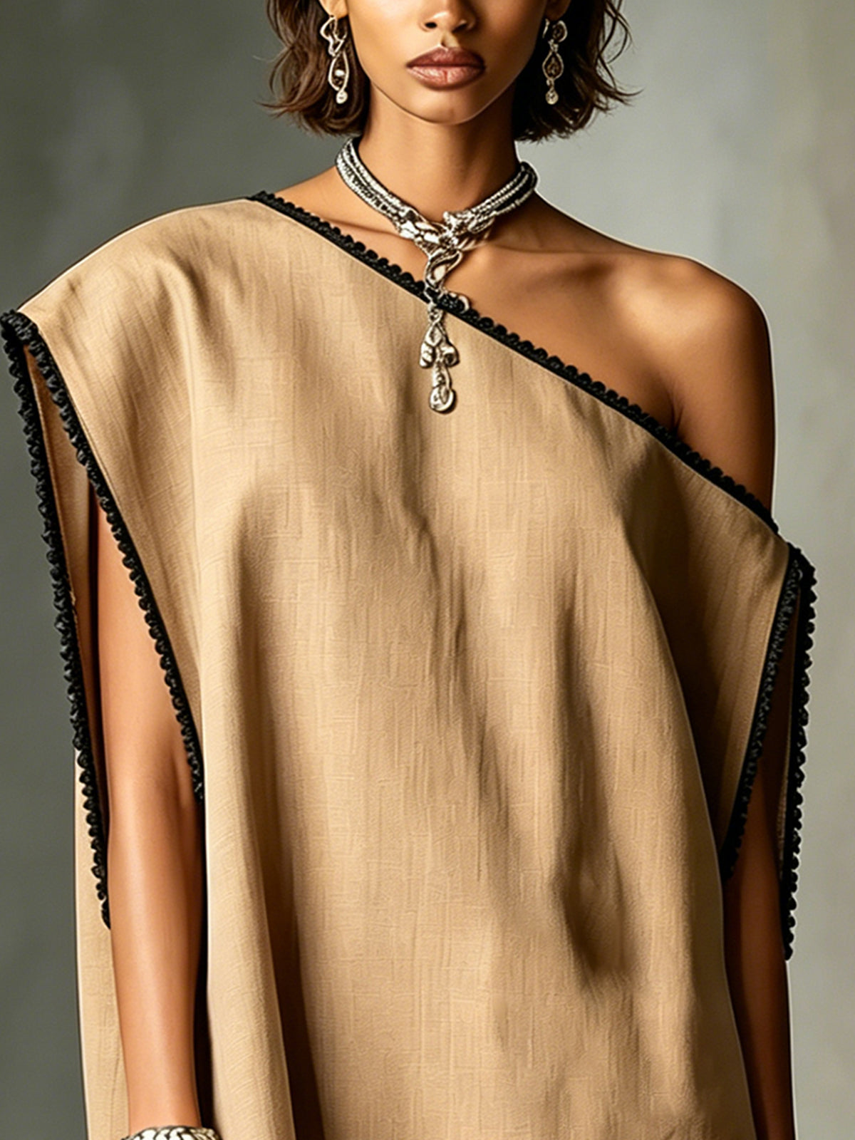 Camel One-Shoulder Fringe Hem Mini Dress With Contrast Trim