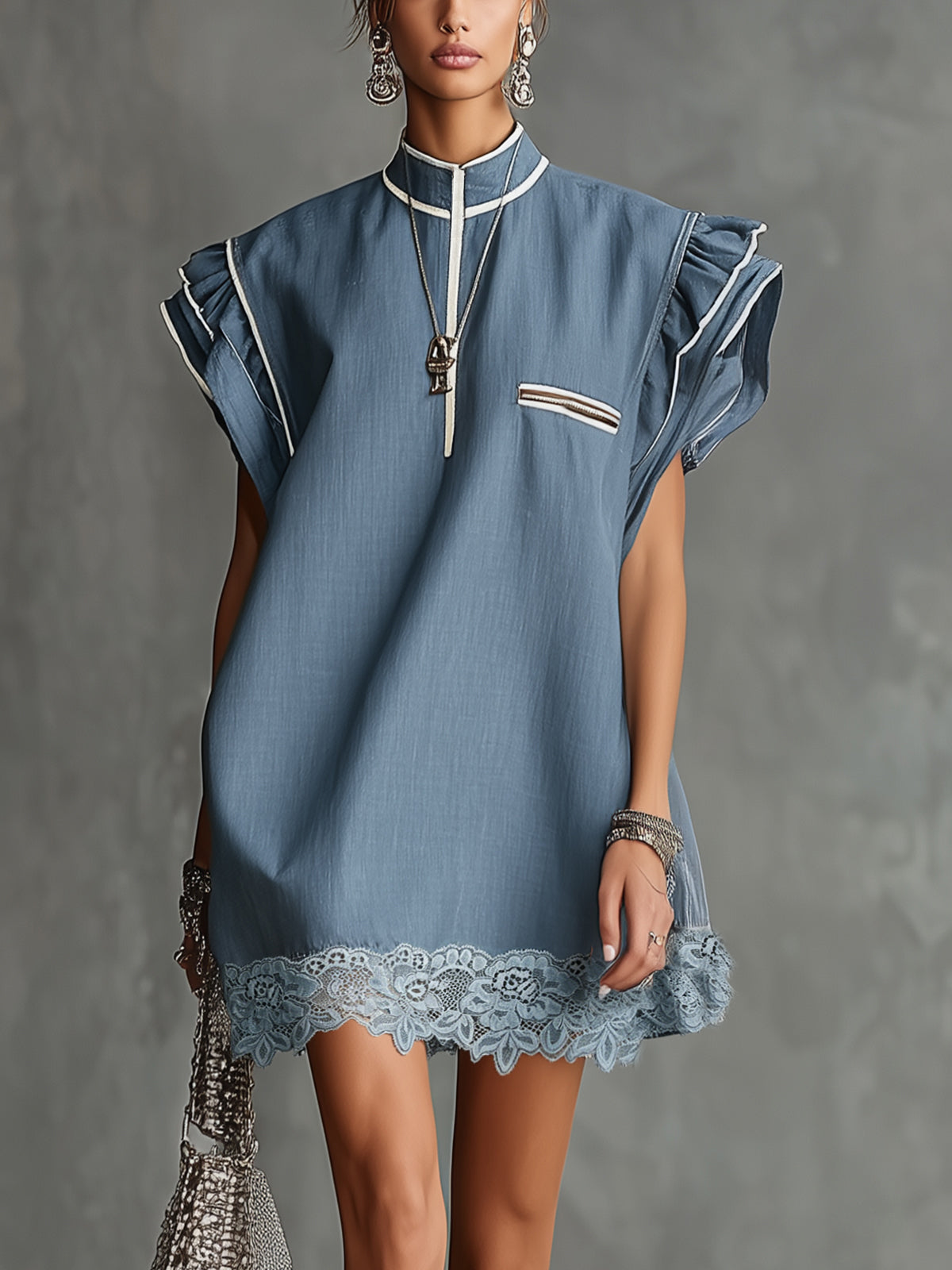 Blue Ruffled Sleeve Mini Dress With Lace Hem
