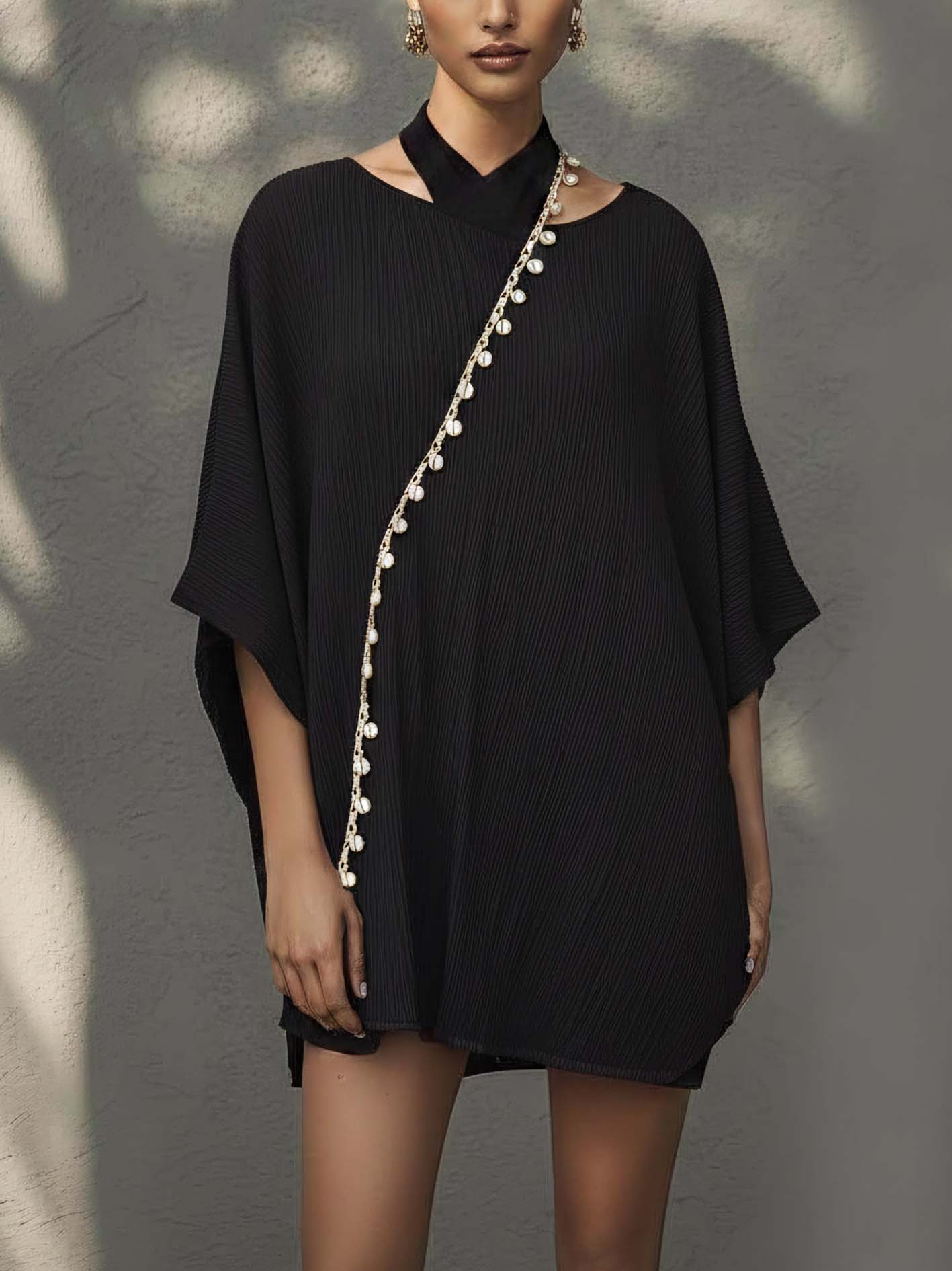 Black Sequin Fringe Trim Mini Dress