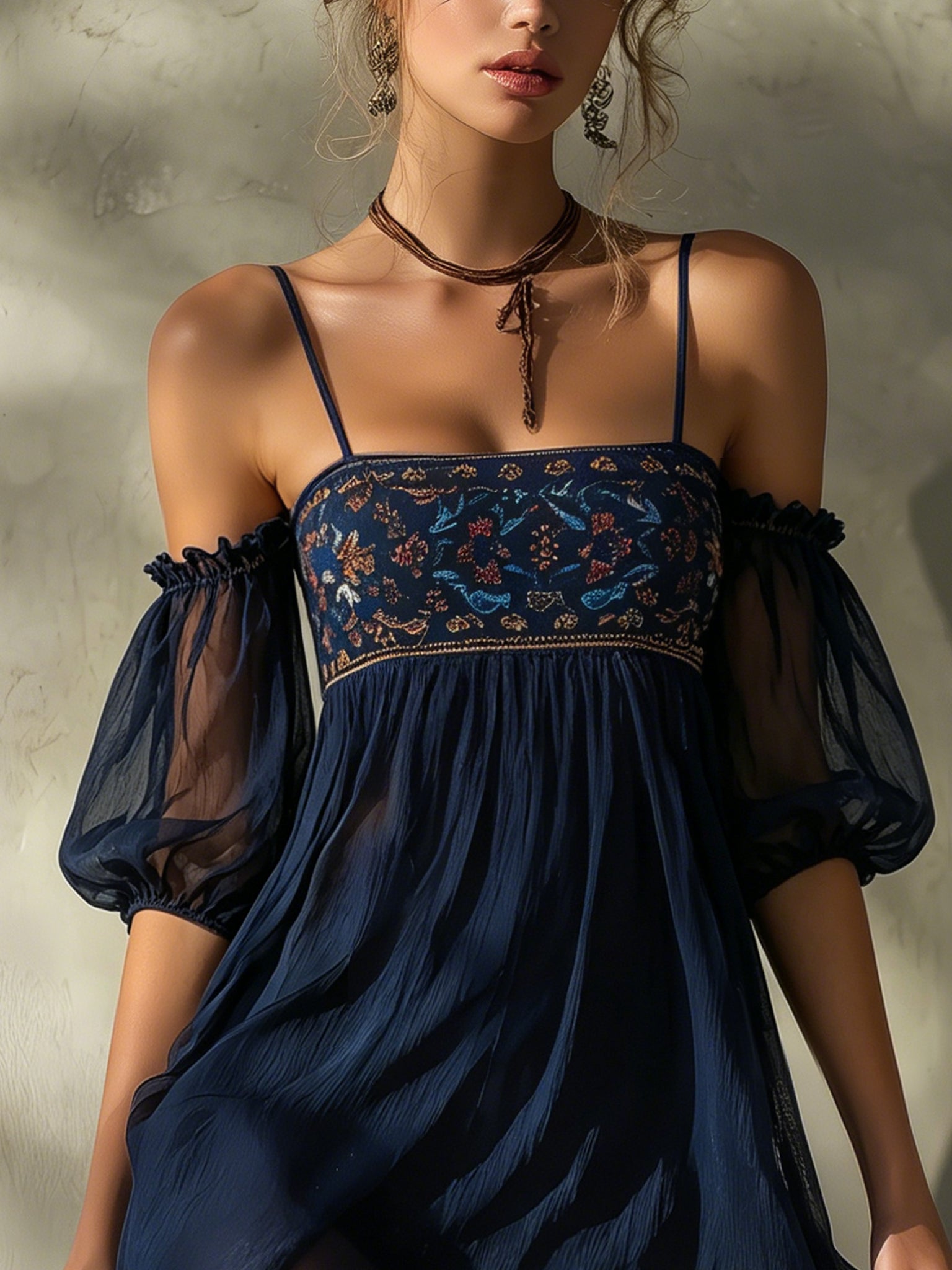 Navy Chiffon Embroidered Off Shoulder Mini Dress