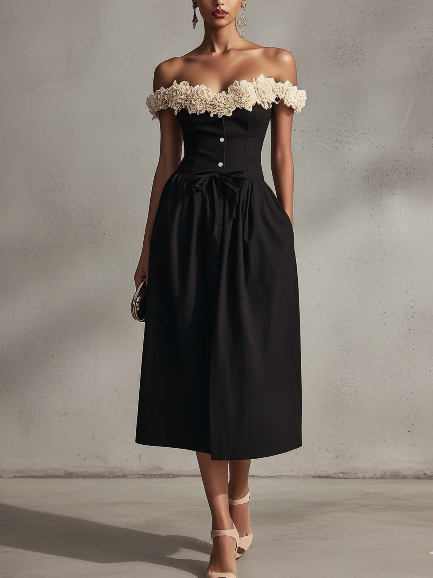 Black Off Shoulder Floral Neckline Midi Dress
