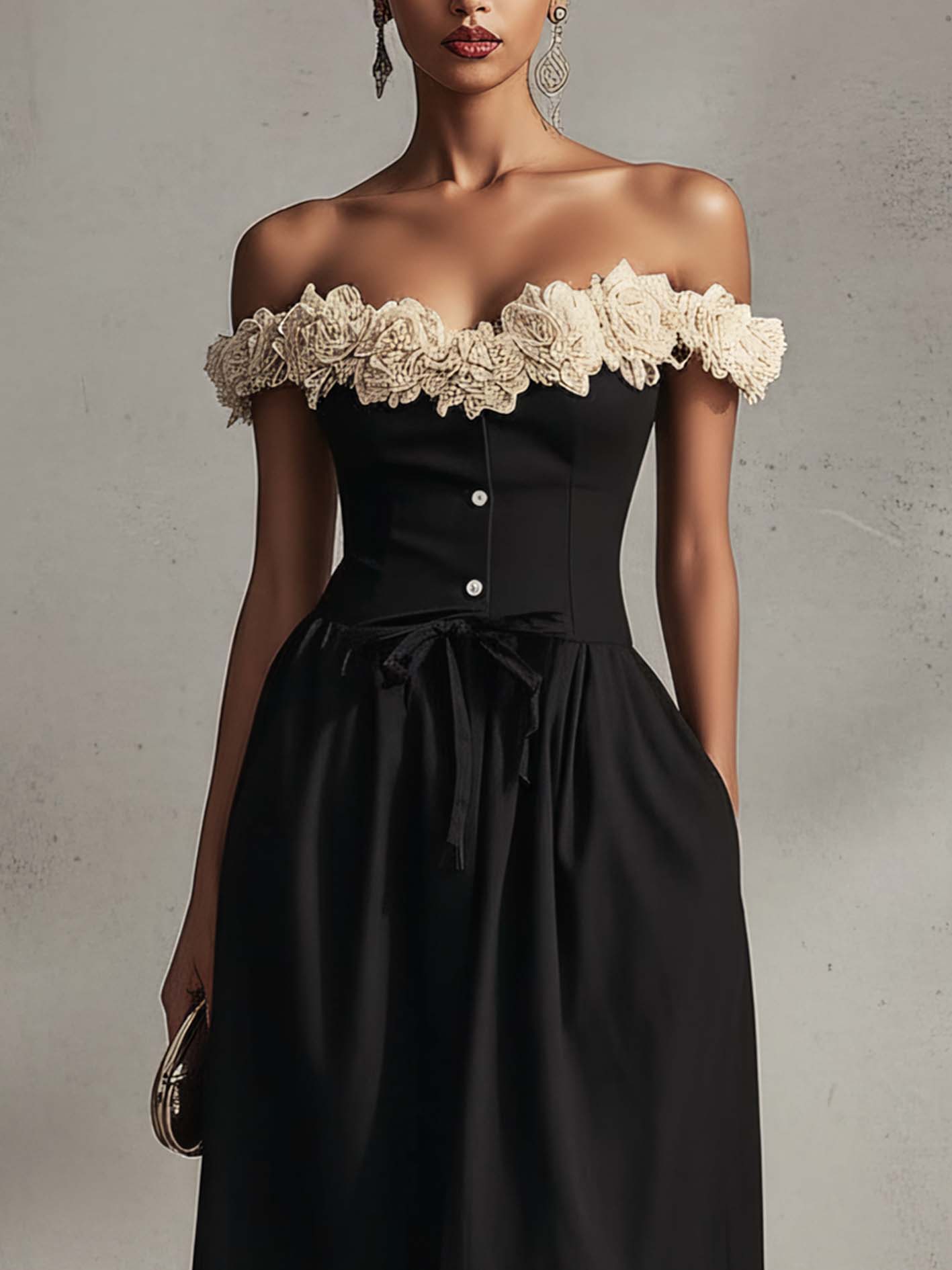 Black Off Shoulder Floral Neckline Midi Dress