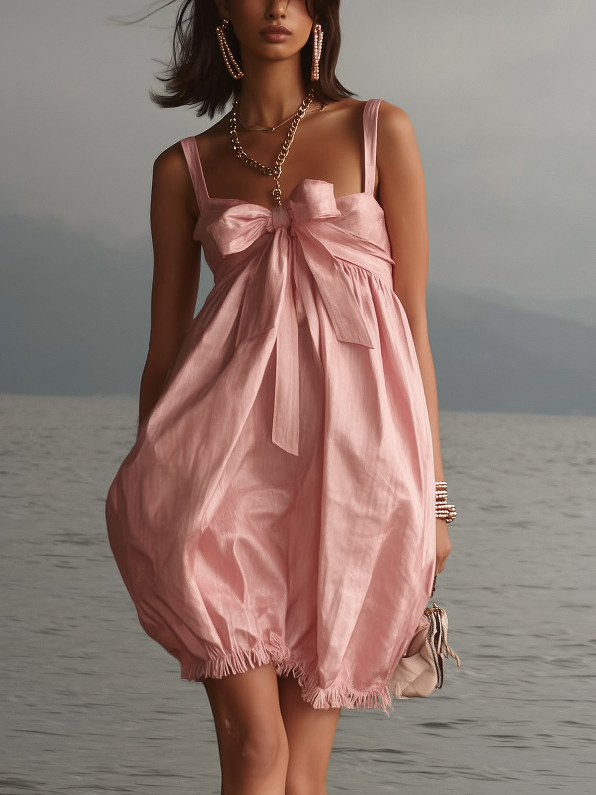 Pink Bow Front Bubble Mini Dress With Ruched Hem