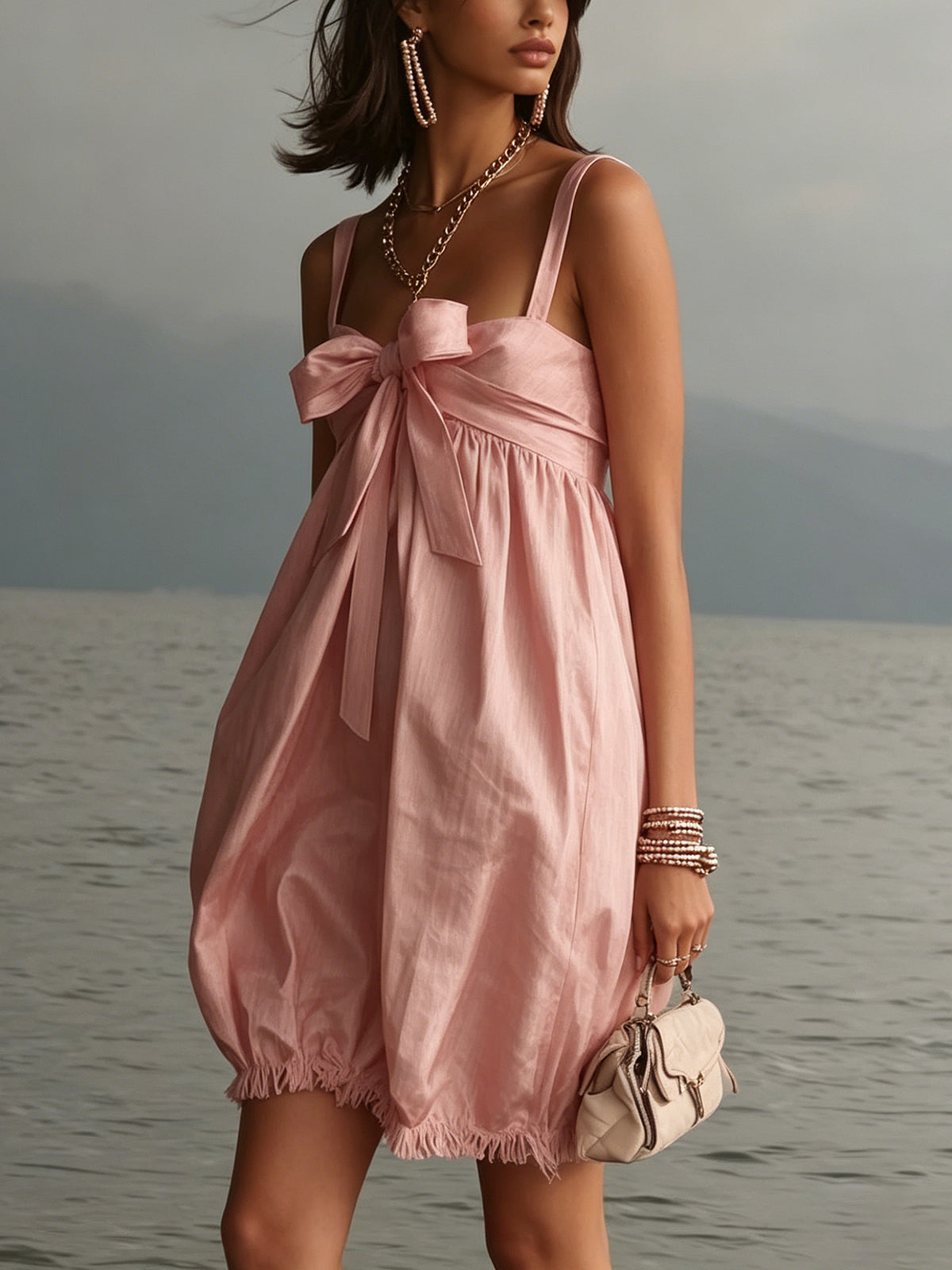 Pink Bow Front Bubble Mini Dress With Ruched Hem