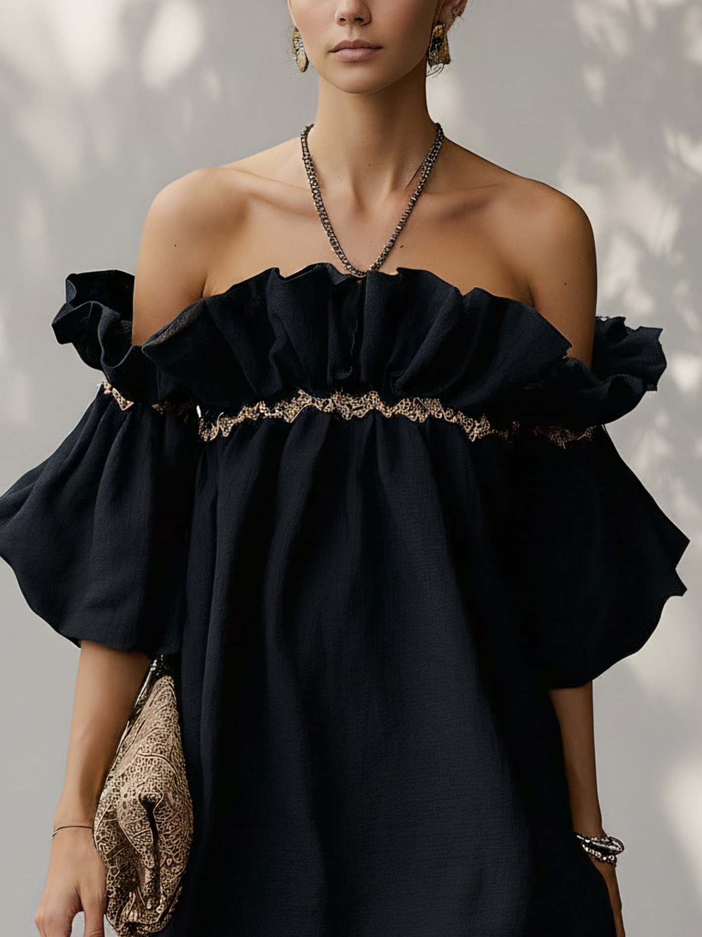 Black Off Shoulder Cotton Linen Mini Dress With Ribbon Patchwork