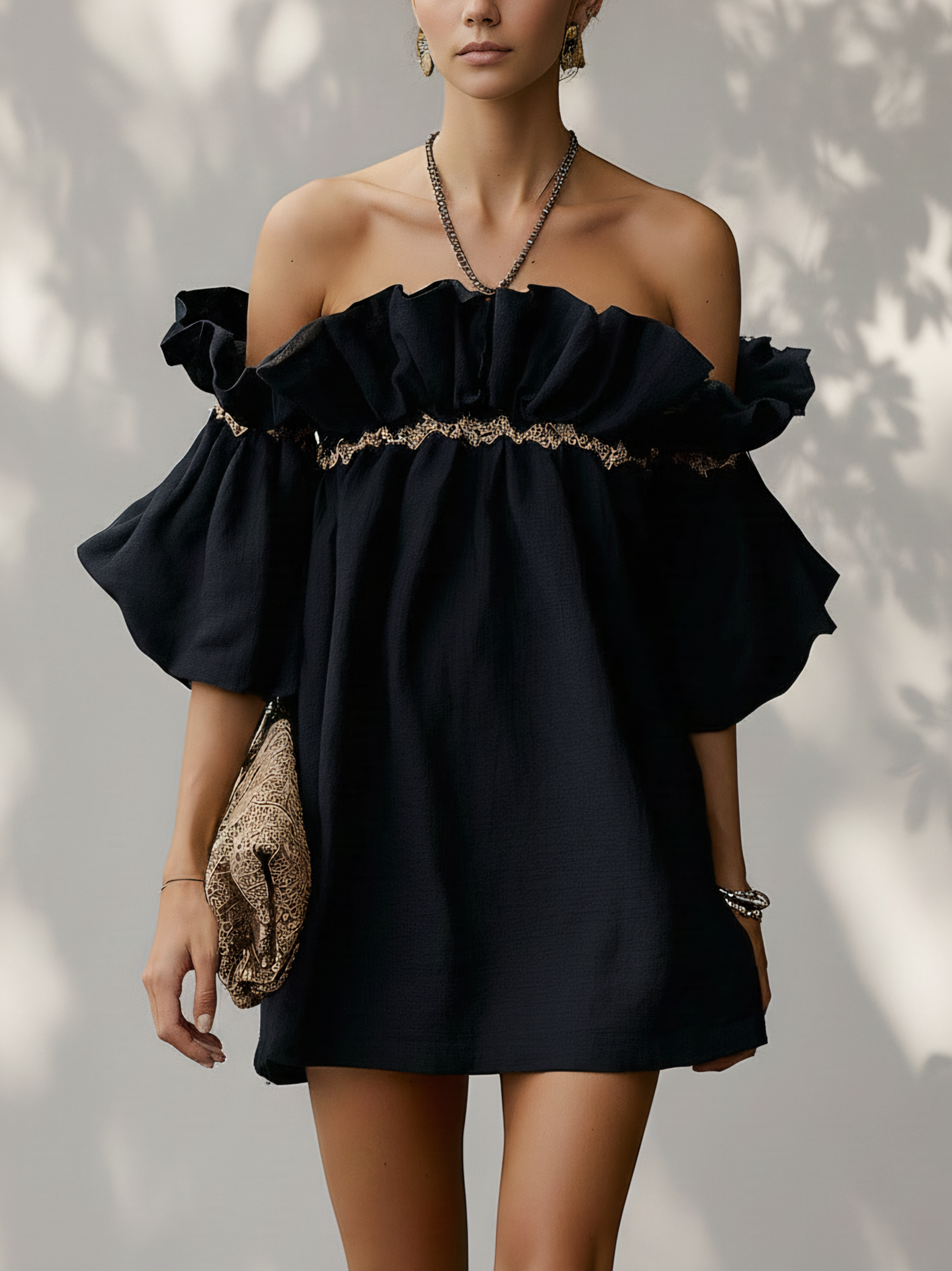 Black Off Shoulder Cotton Linen Mini Dress With Ribbon Patchwork