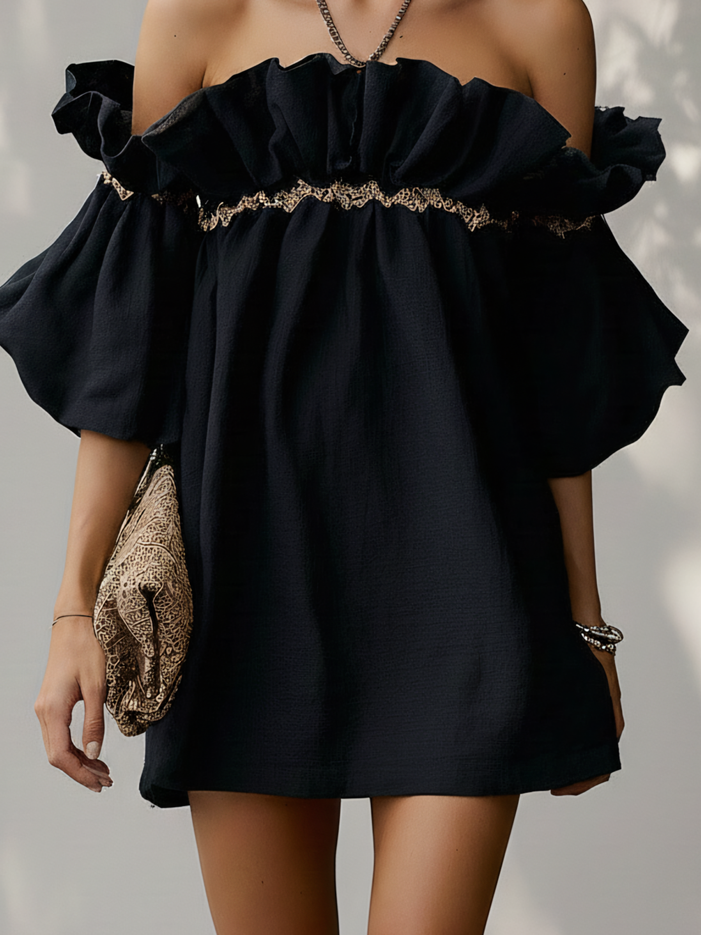 Black Off Shoulder Cotton Linen Mini Dress With Ribbon Patchwork