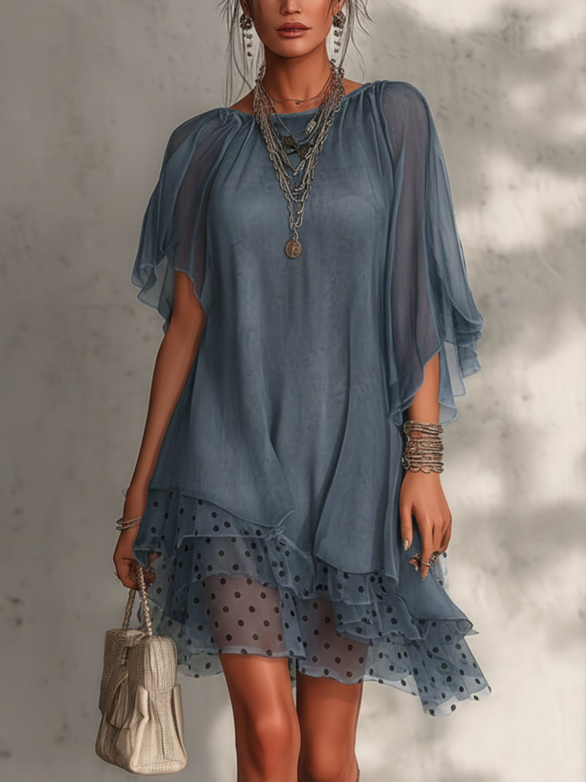 Blue Chiffon Mini Dress With Polka Dot Ruffle Hem