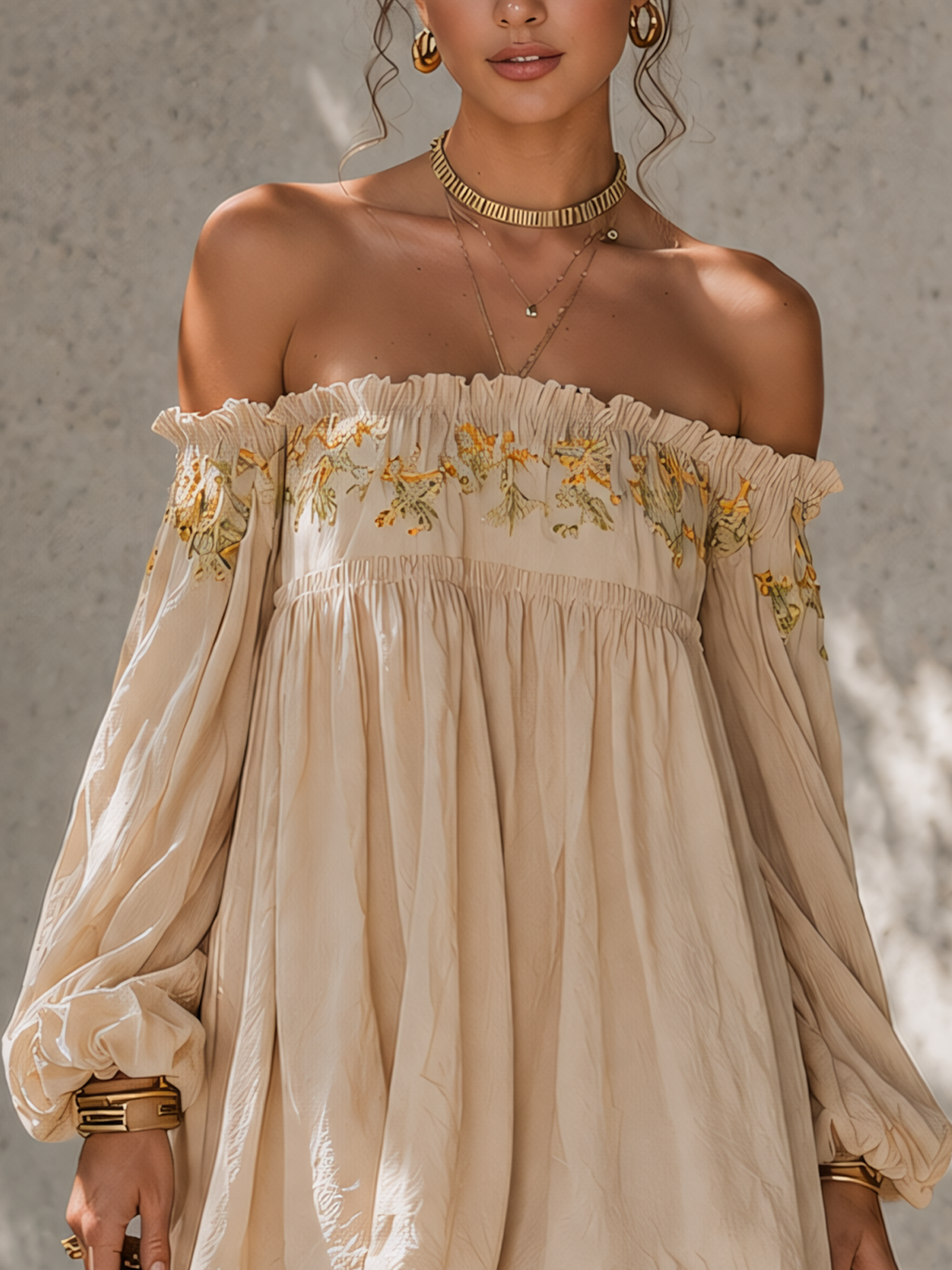 Beige Off Shoulder Floral Embroidered Ruffled Cotton Linen Mini Dress