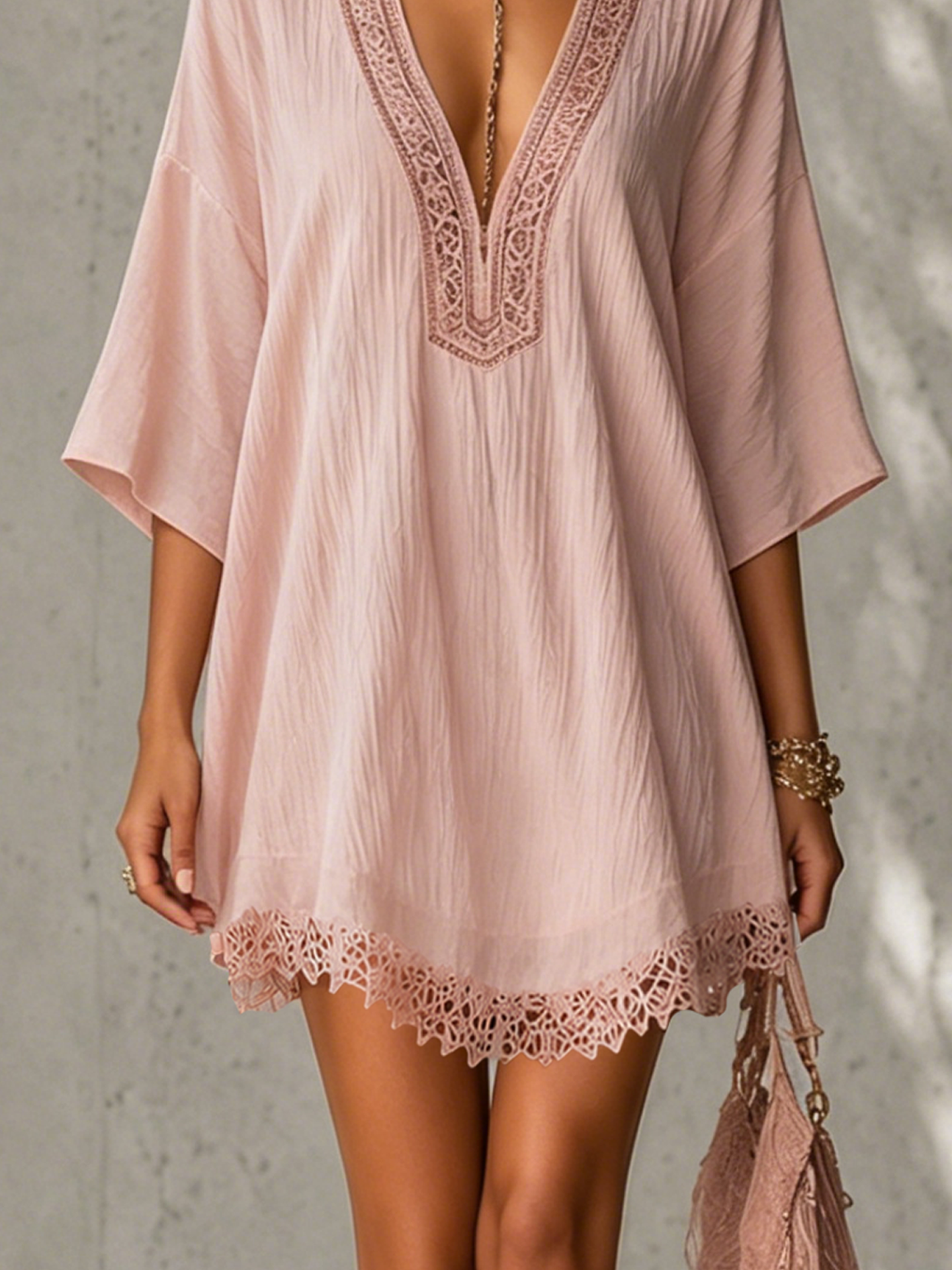 Pink Textured Embroidered Lace Mini Dress