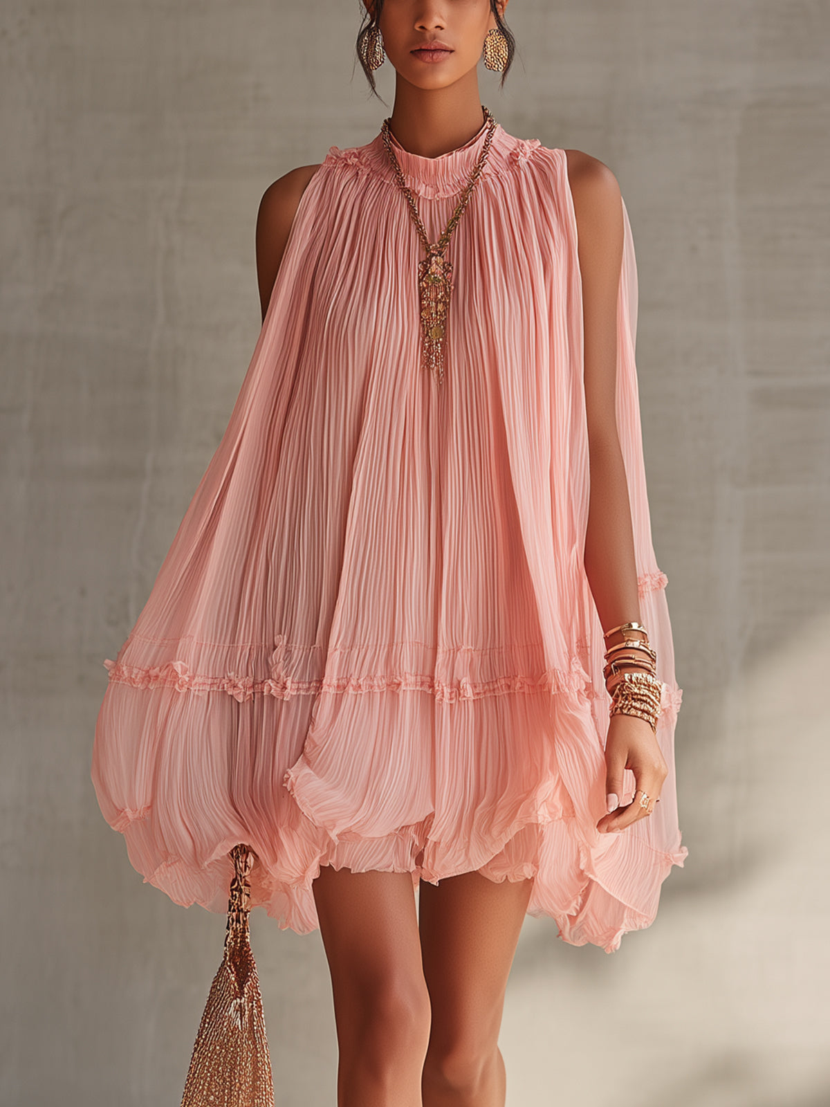 Pink Pleated Chiffon Mini Dress With Ruffled Hem