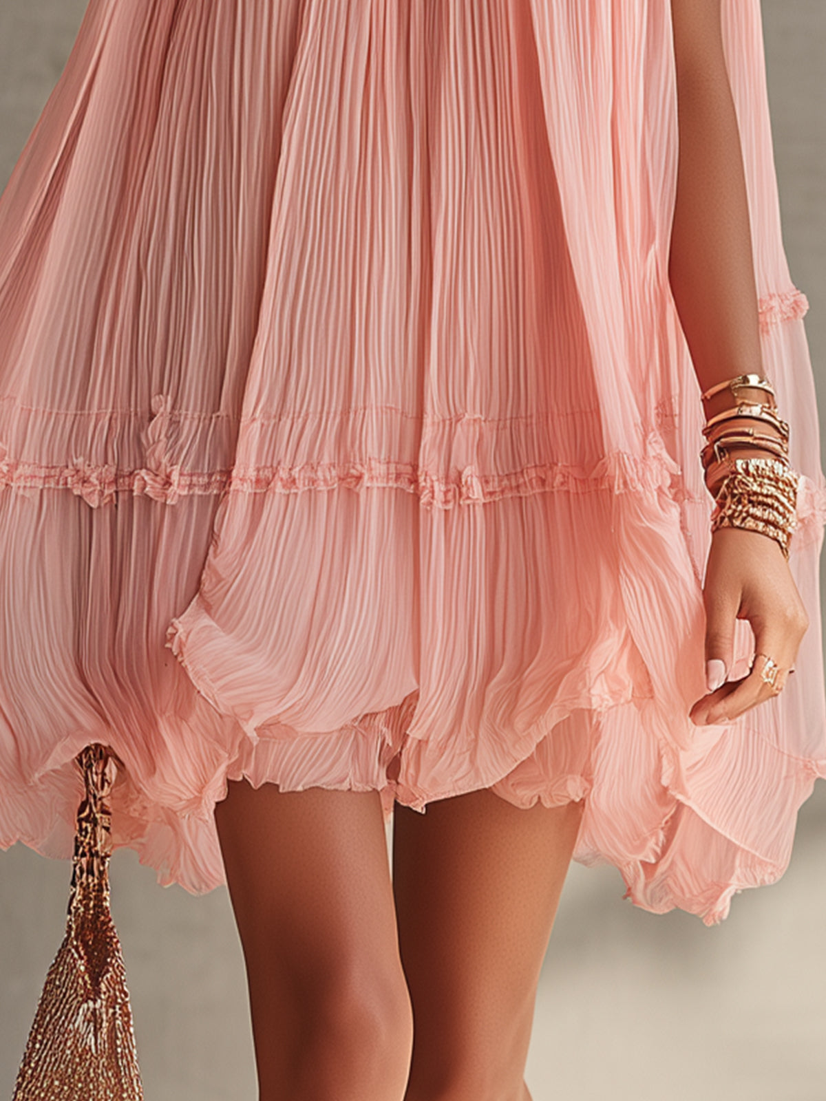 Pink Pleated Chiffon Mini Dress With Ruffled Hem