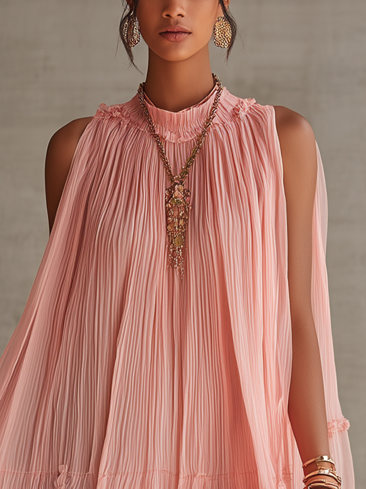 Pink Pleated Chiffon Mini Dress With Ruffled Hem