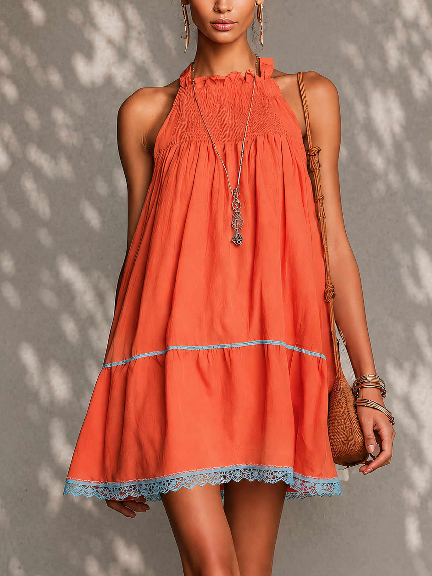 Orange Patchwork Lace Trim Sleeveless Cotton Linen Mini Dress