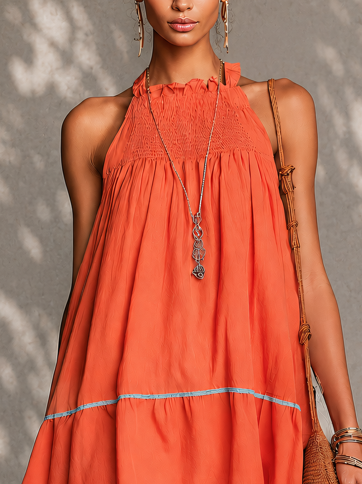 Orange Patchwork Lace Trim Sleeveless Cotton Linen Mini Dress