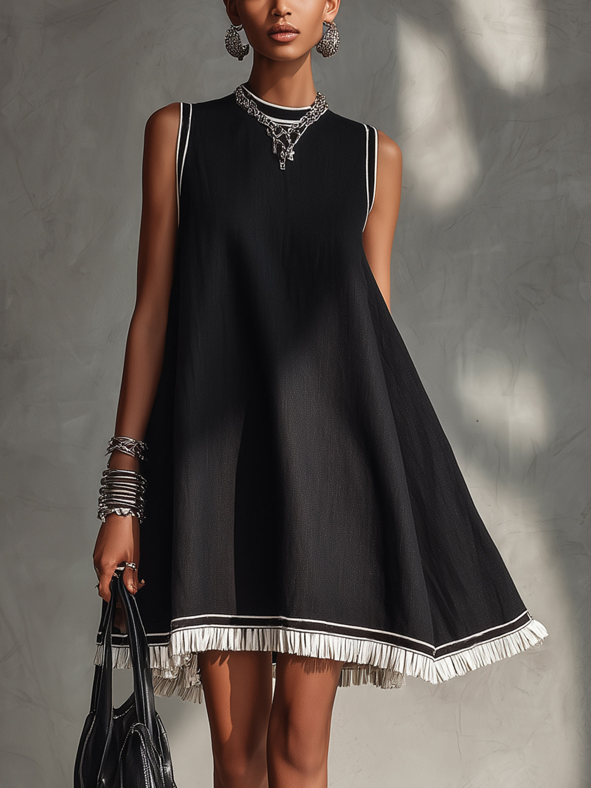 Black A-Line Mini Dress With Contrasting Trim
