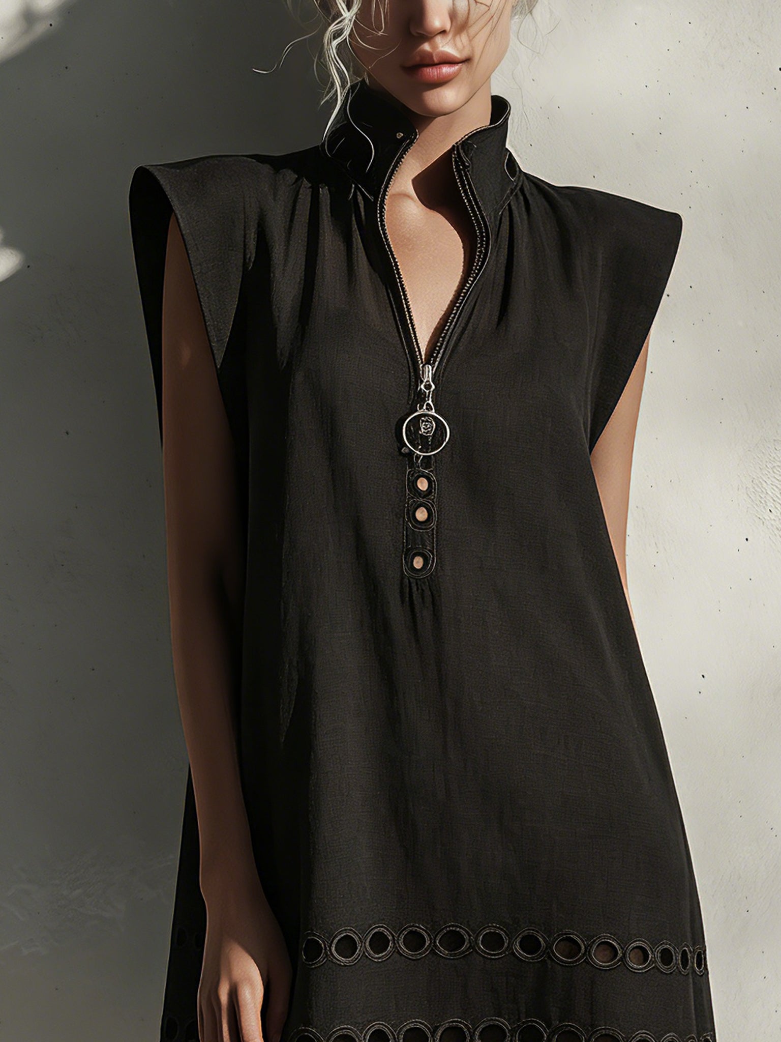Black Sleeveless Linen Cut Out Mini Dress