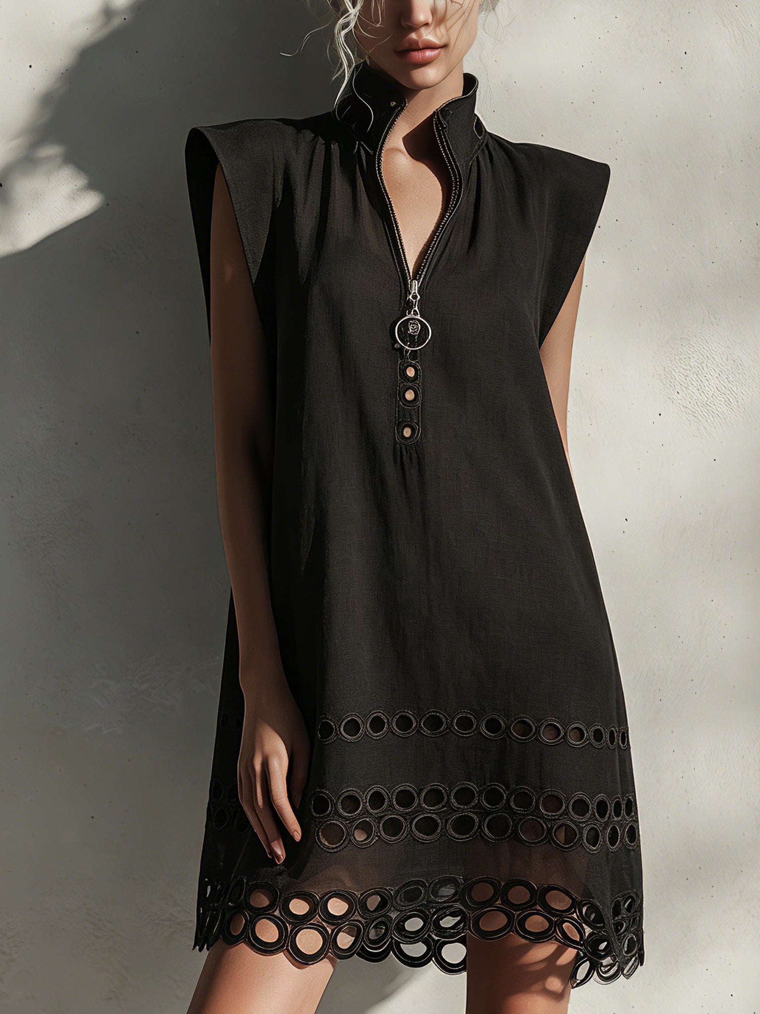 Black Sleeveless Linen Cut Out Mini Dress