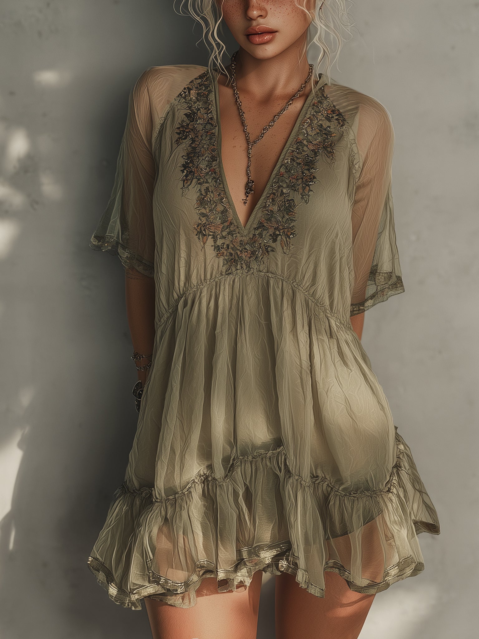 Green  Ruched Chiffon Embroidery Mini Dress