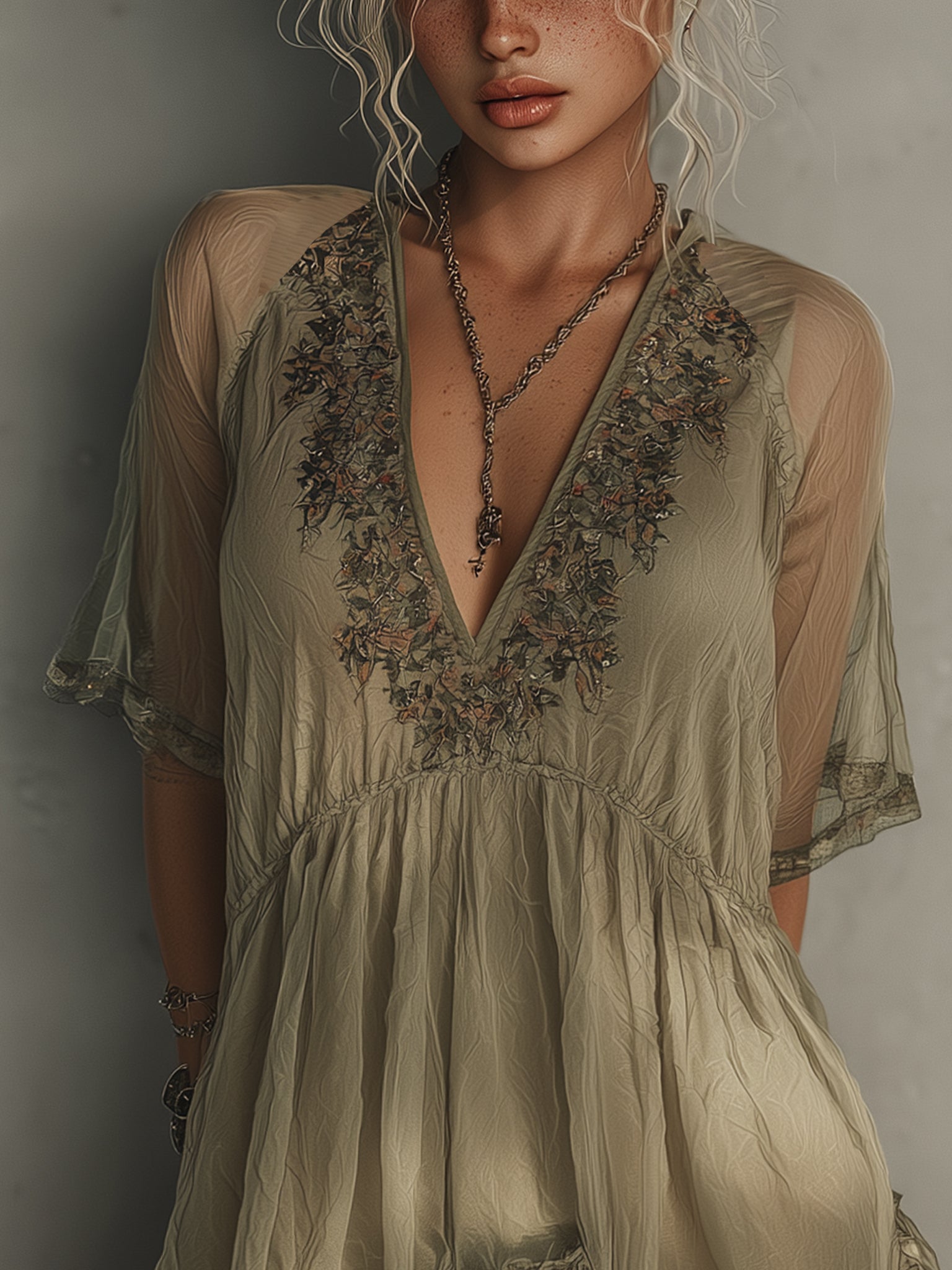 Green  Ruched Chiffon Embroidery Mini Dress