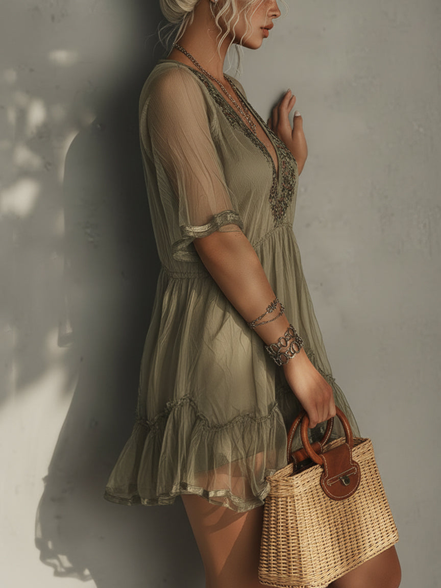 Green  Ruched Chiffon Embroidery Mini Dress