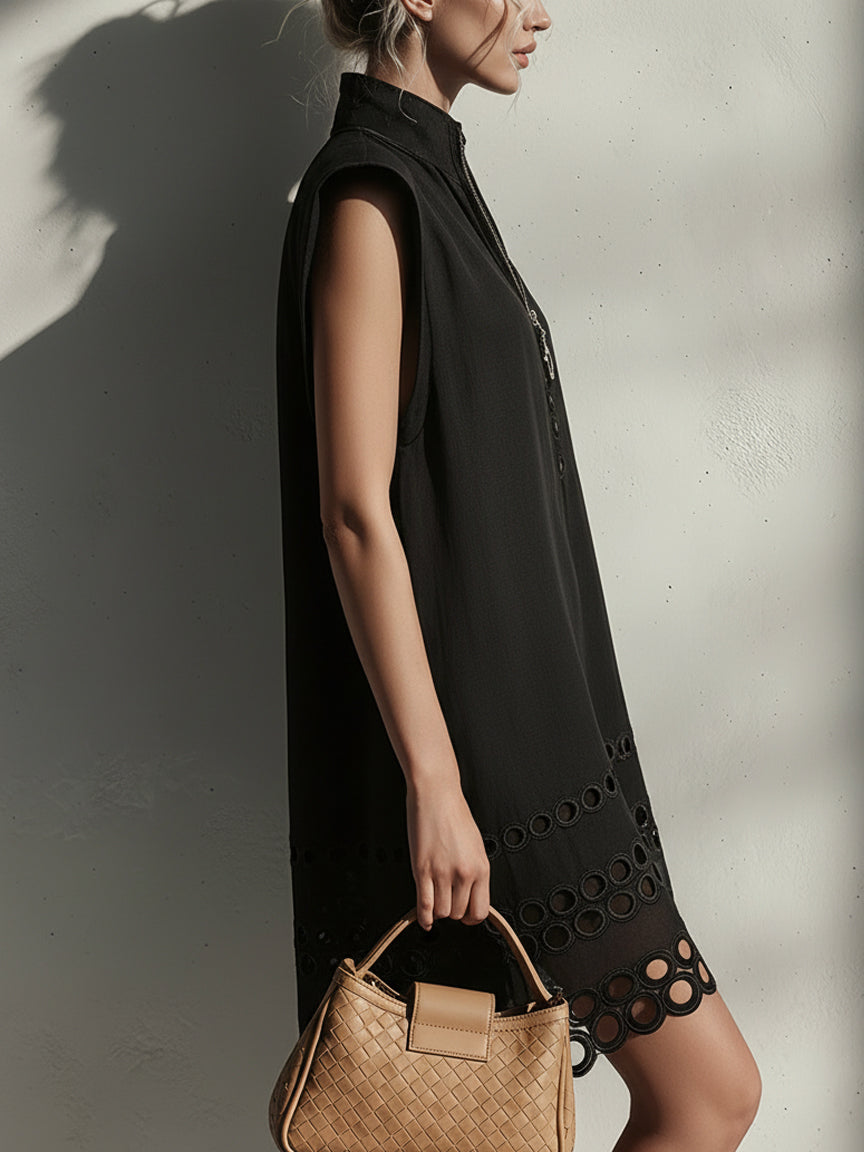 Black Sleeveless Linen Cut Out Mini Dress