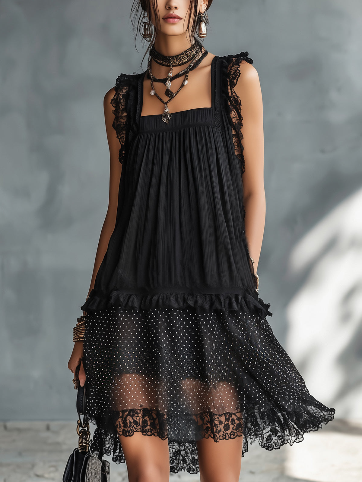 Black Lace Trim Pleated Mini Dress With Sheer Polka Dot Hem