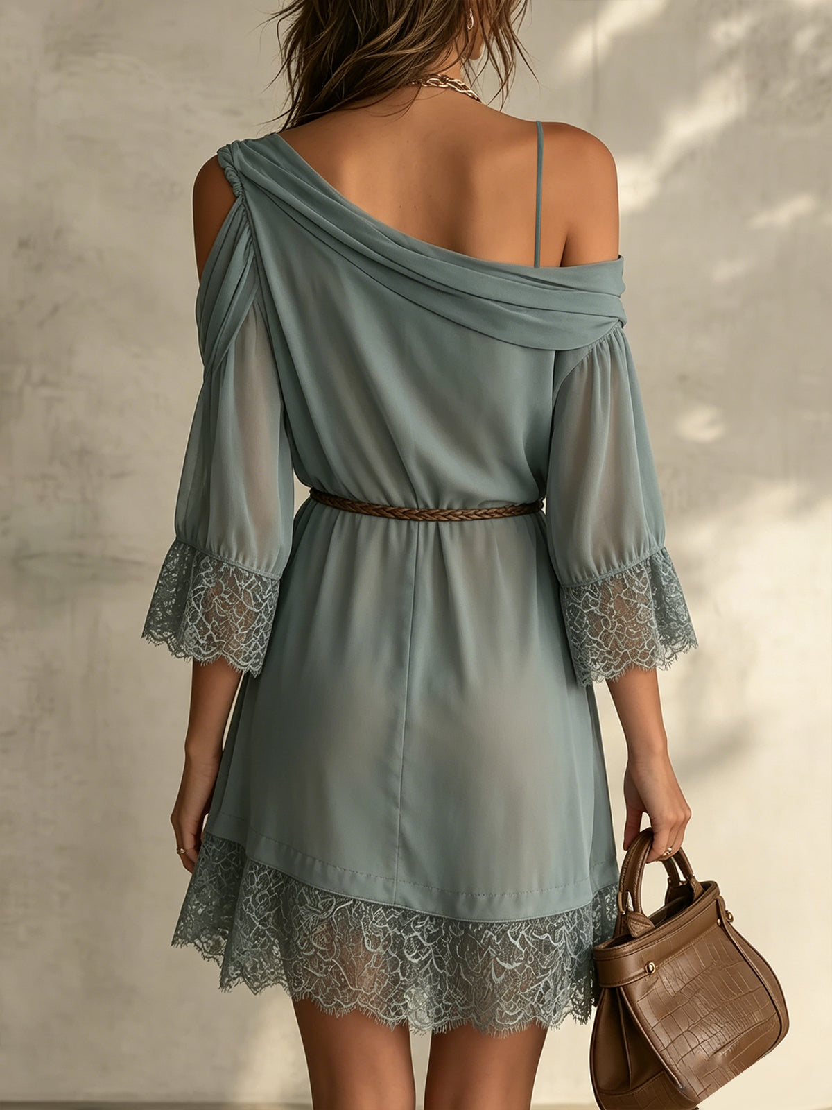 Blue Off-Shoulder Chiffon Mini Dress With Lace Trim