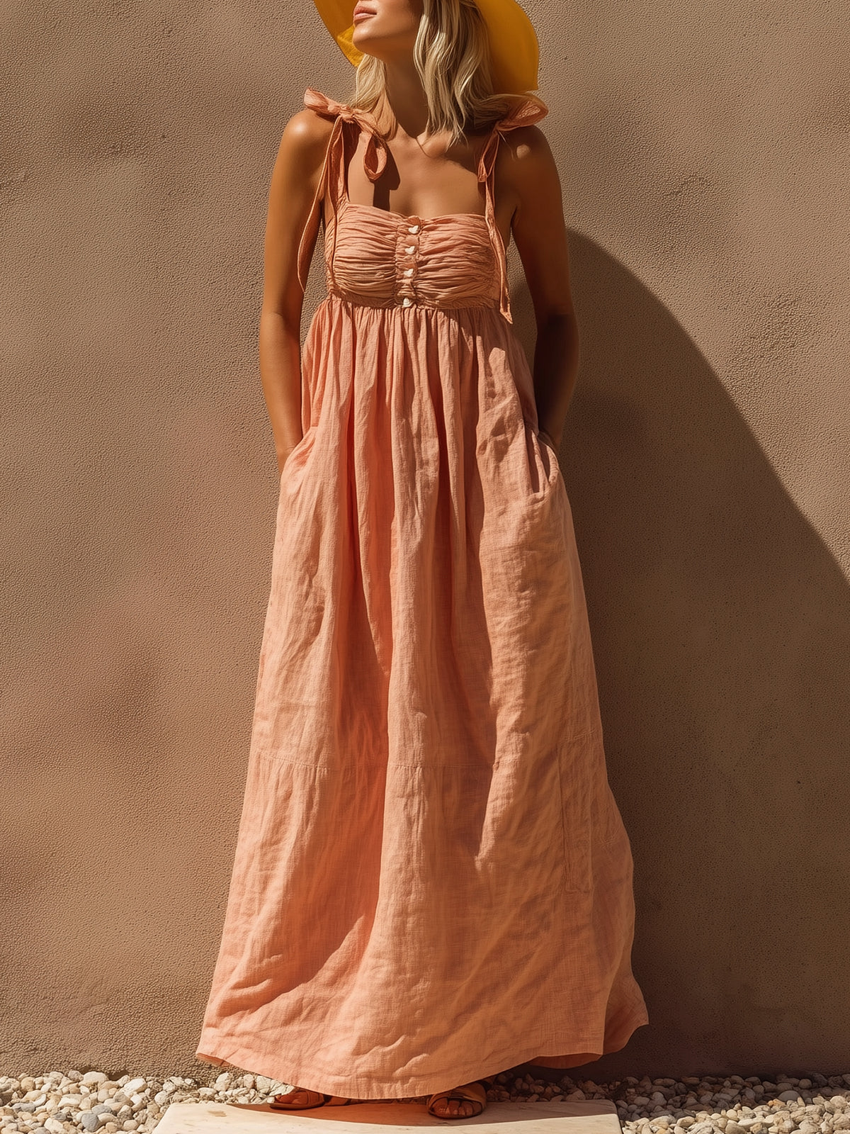 Pink Linen Maxi Dress With Ruched Bust And Bow Tie Straps