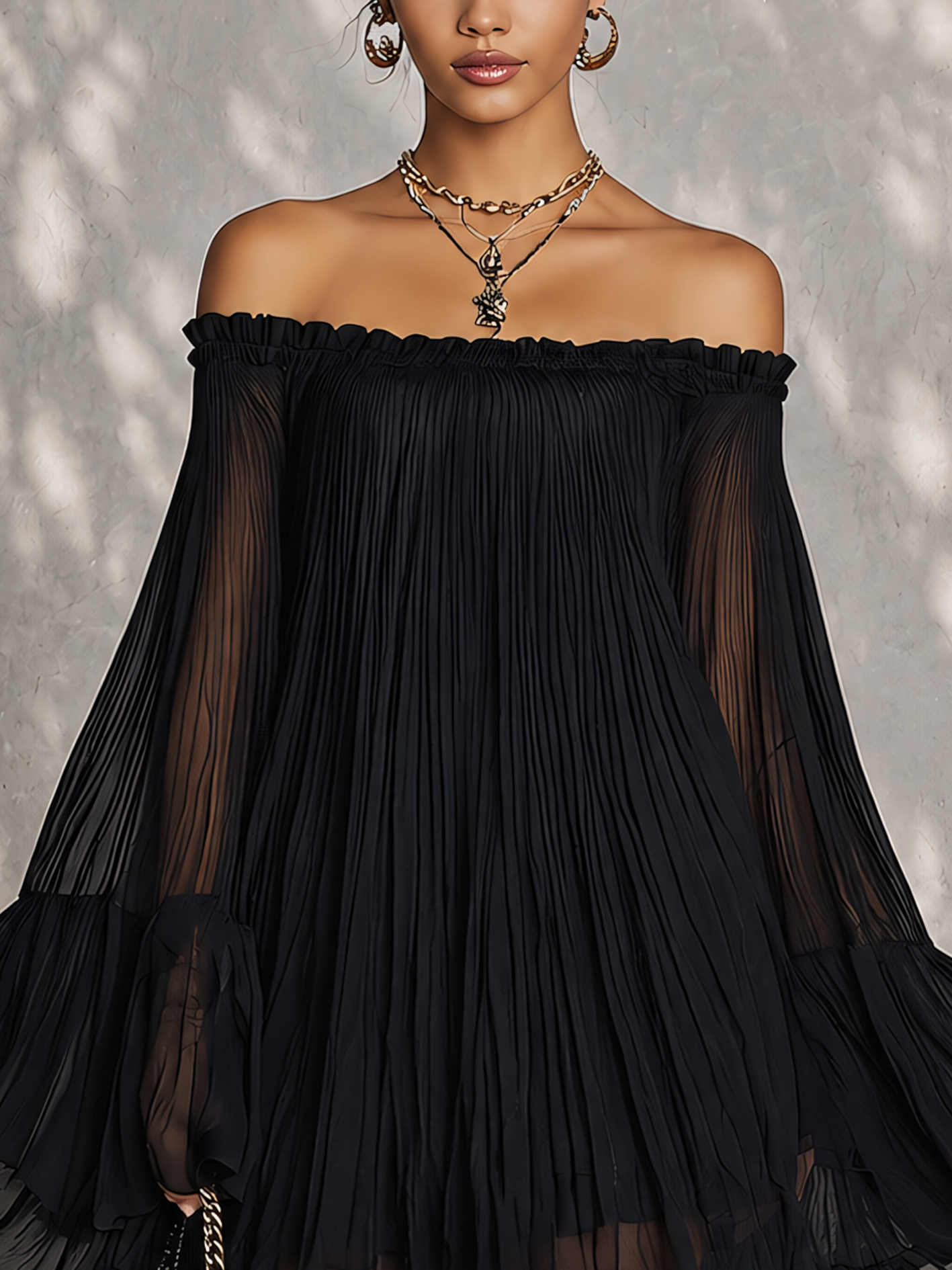 Black Off Shoulder Pleated Mini Dress