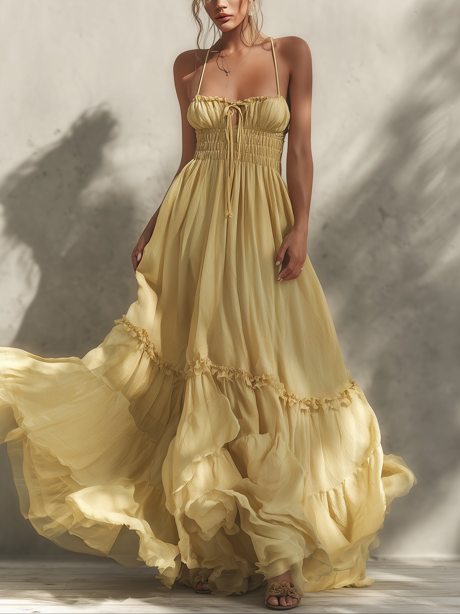 Yellow Pleated Chiffon Maxi Dress