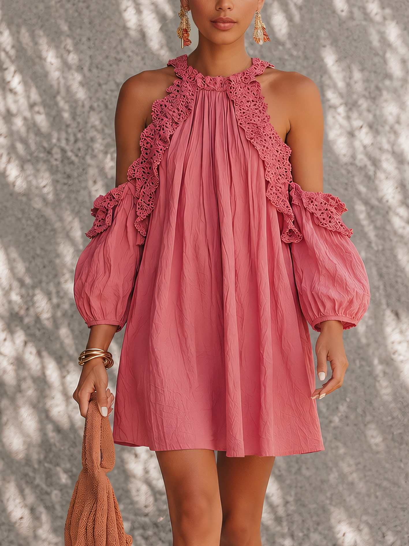 Dusty Rose Cold Shoulder Lace Trim Mini Dress