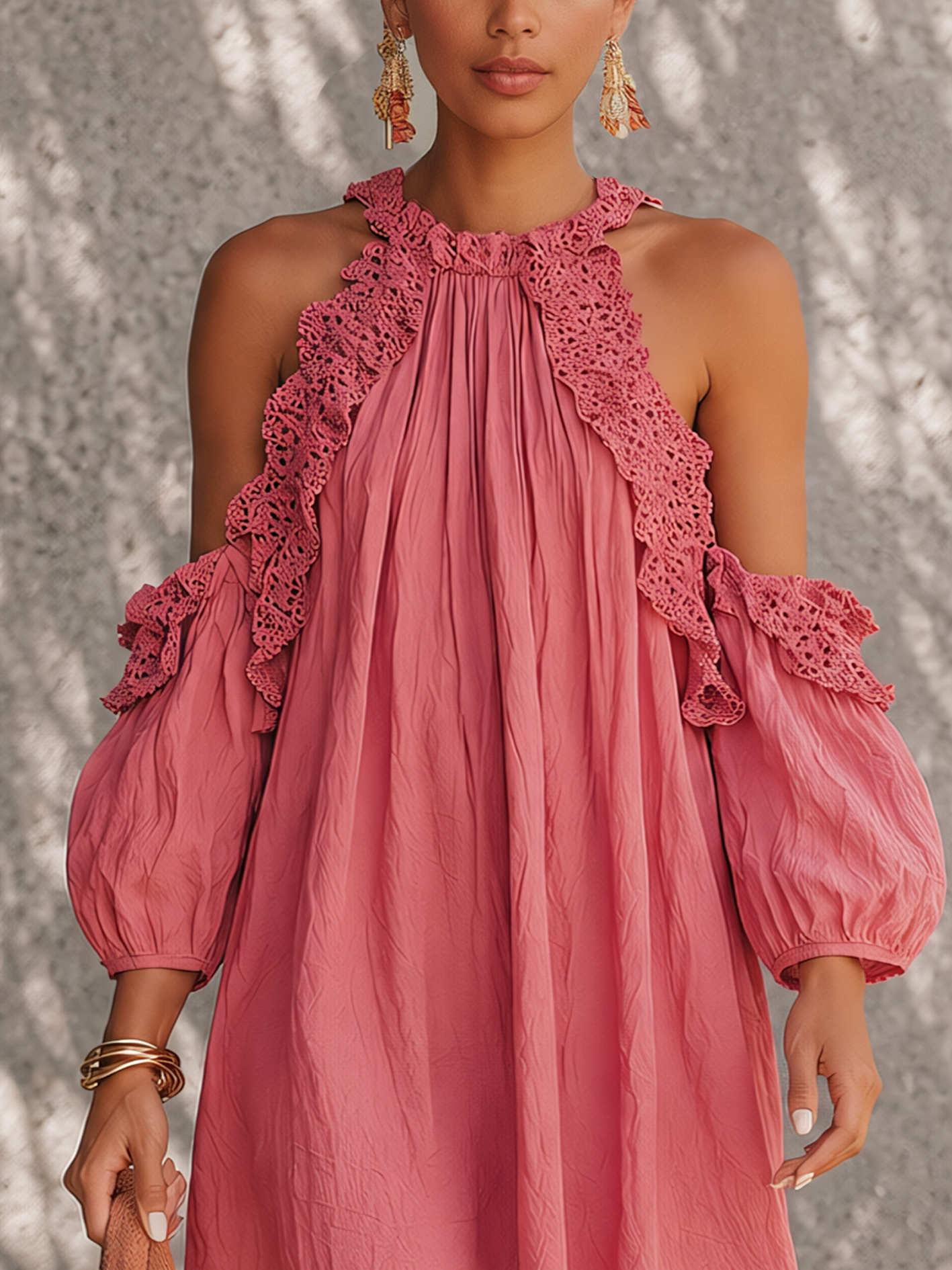 Dusty Rose Cold Shoulder Lace Trim Mini Dress