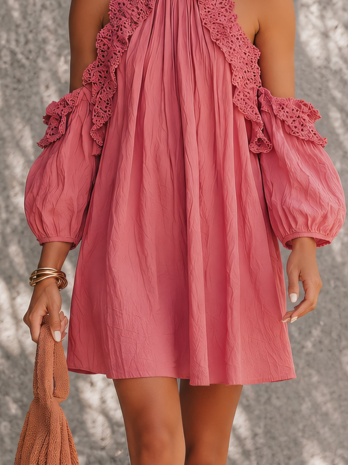 Dusty Rose Cold Shoulder Lace Trim Mini Dress