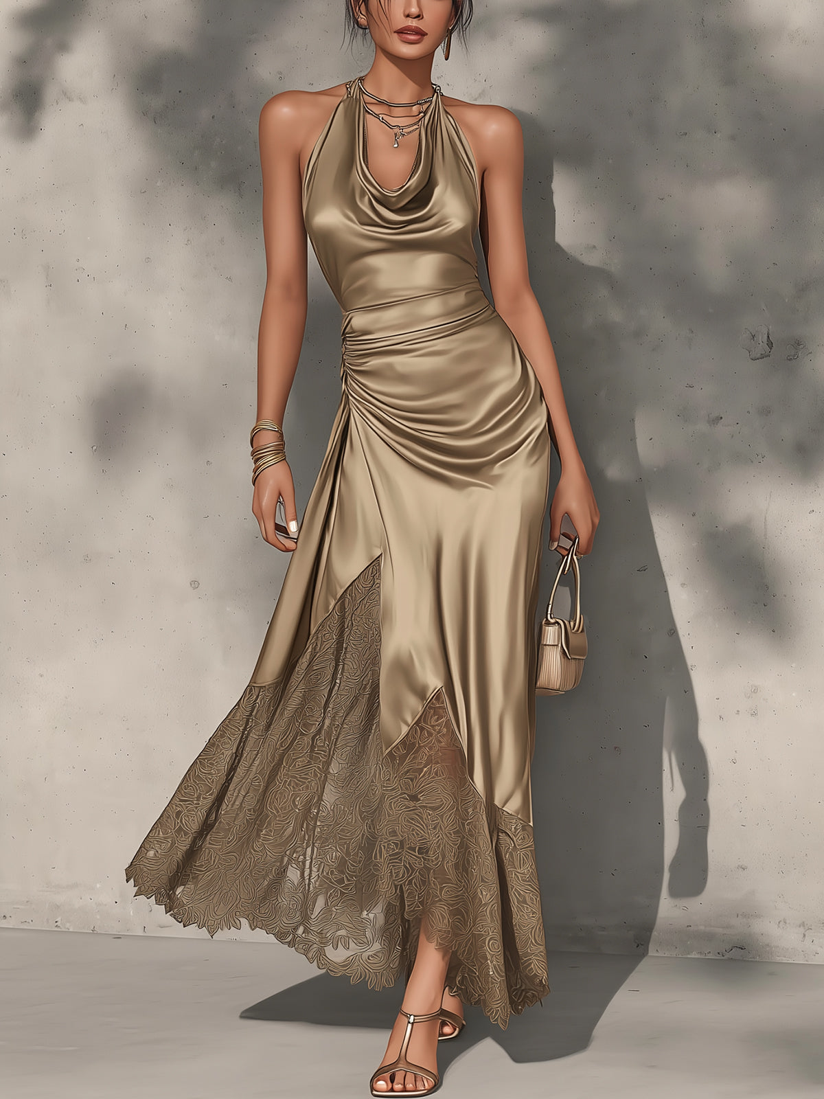 Champagne Satin Halter Maxi Dress With Lace Hem