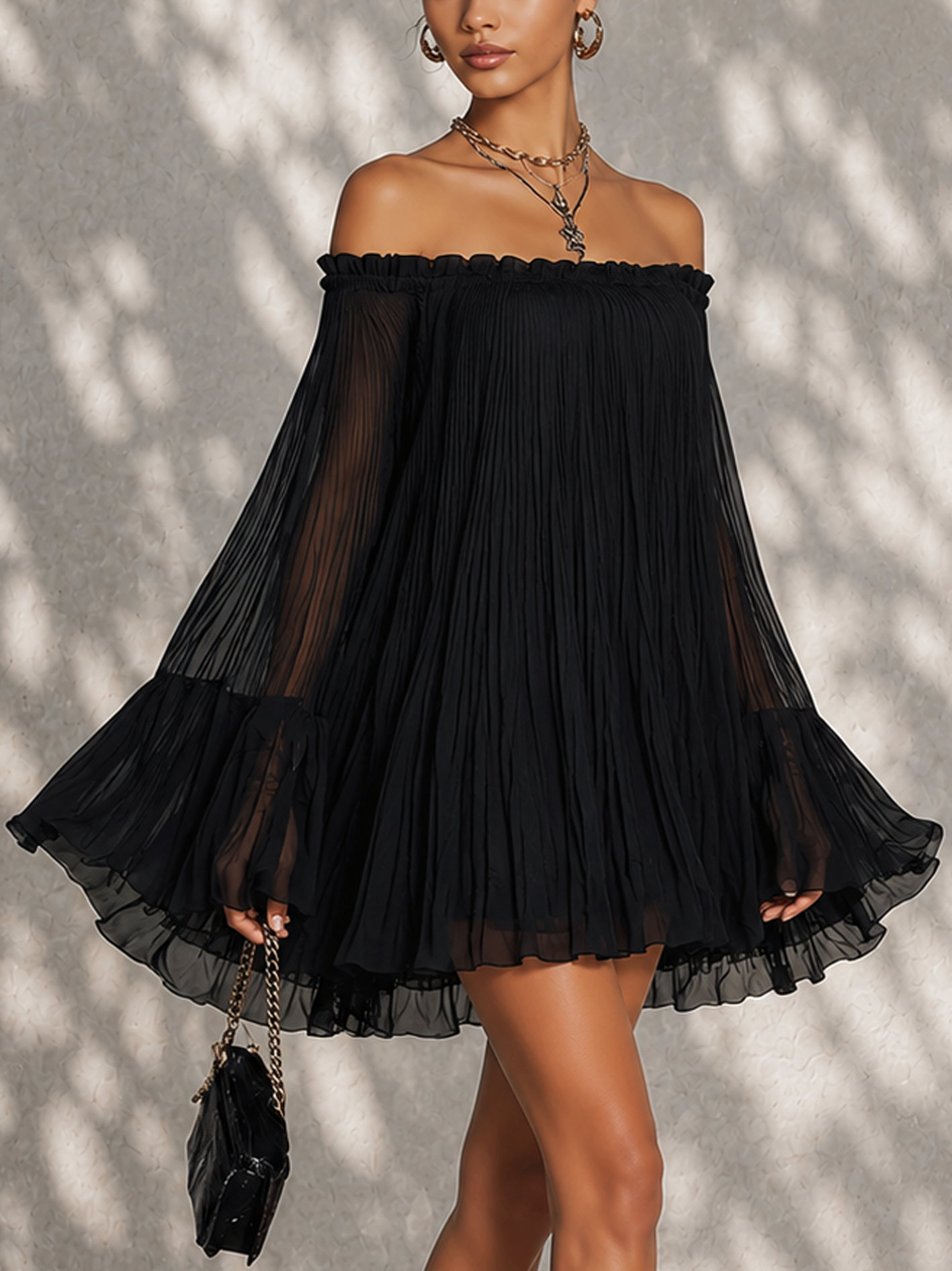 Black Off Shoulder Pleated Mini Dress